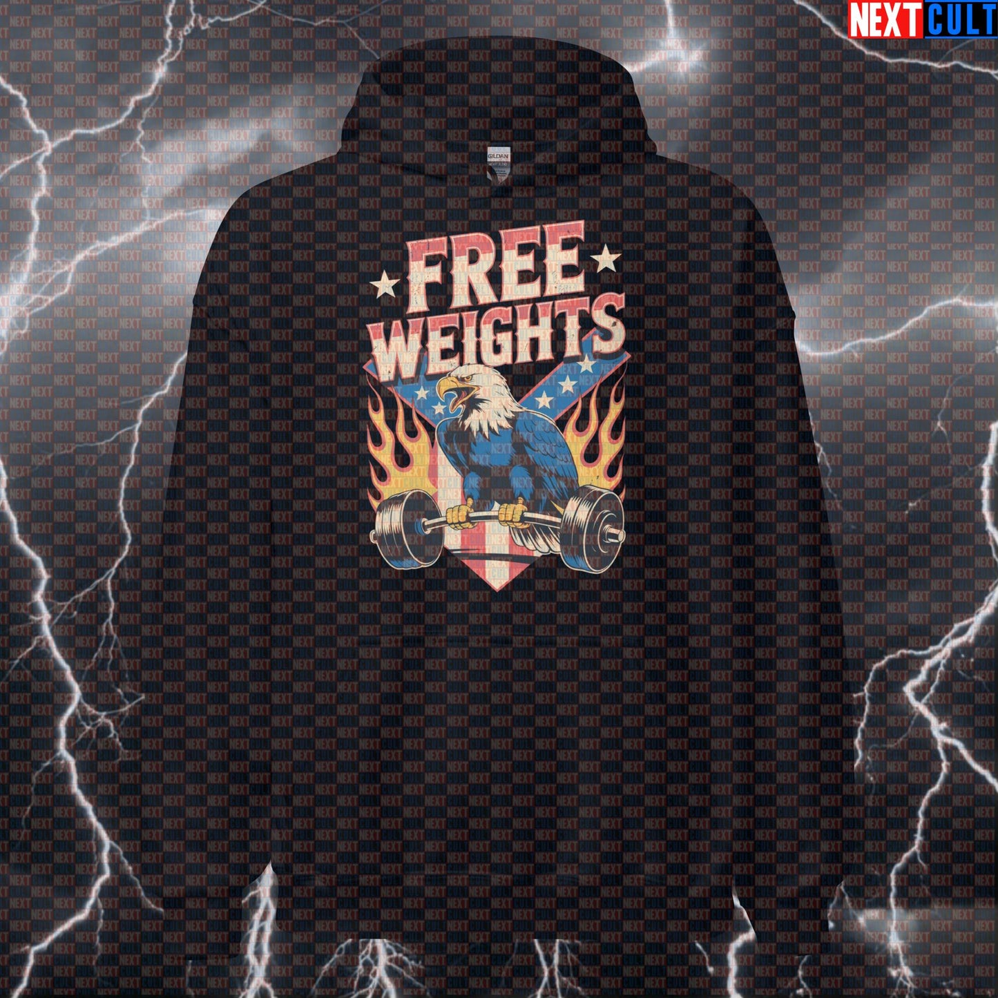 Patriotic Free Weights Funny Gym Hoodie | Lynyrd Skynyrd Rock Music Meme Hooded Sweatshirt Pump Cover Hoodies 4th of July Bodybuilding Fitness Gym Lynyrd Skynyrd Powerlifting Pump Cover Rock Music Workout Next Cult Brand