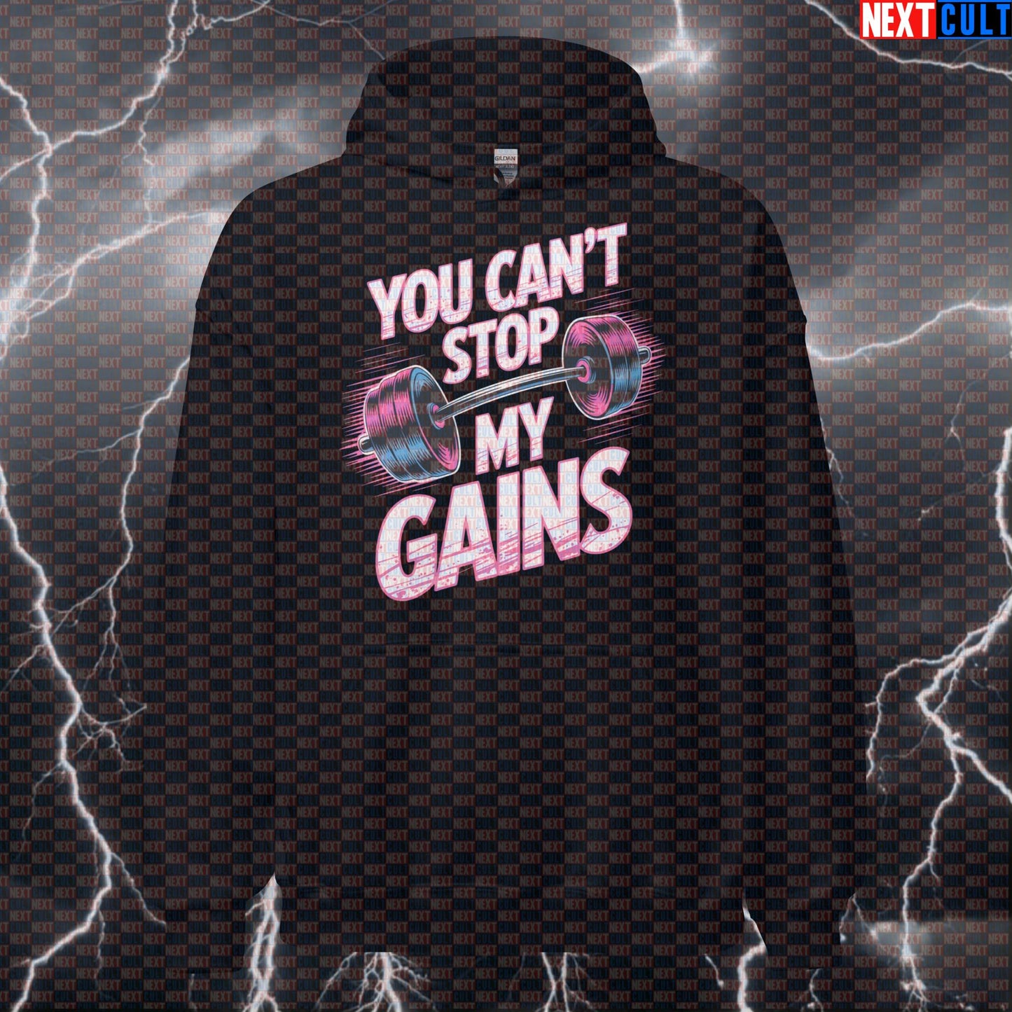 You Can't Stop My Gains Funny Gym Hoodie - Heavy Metal Hooded Sweatshirt Twisted Sister Meme Pullover Hoodies Bodybuilding Fitness Gym Pump Cover Rock Music Twisted Sister Workout Next Cult Brand