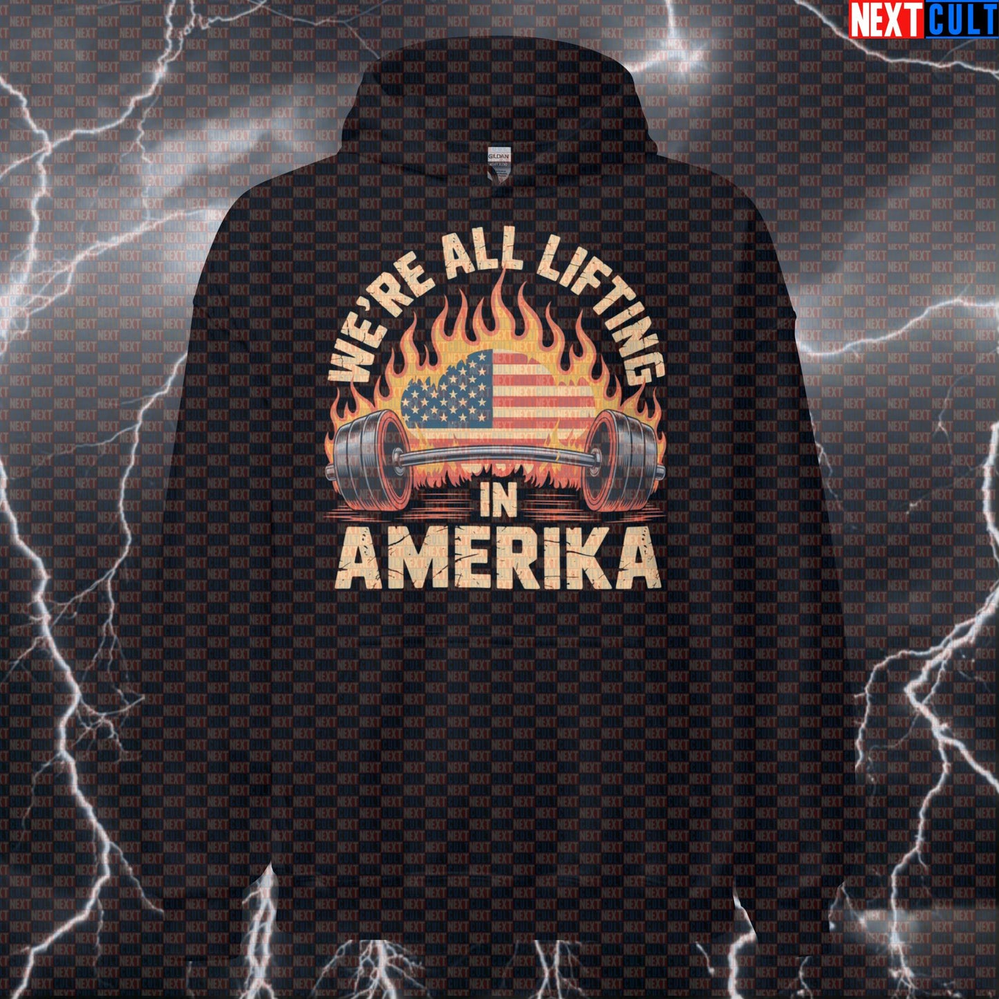 We're All Lifting In Amerika Funny Gym Hoodie - Rammstein Workout Hooded Sweatshirt Pullover Hoodies 4th of July Bodybuilding Fitness Gym Powerlifting Pump Cover Rammstein Rock Music Workout Next Cult Brand