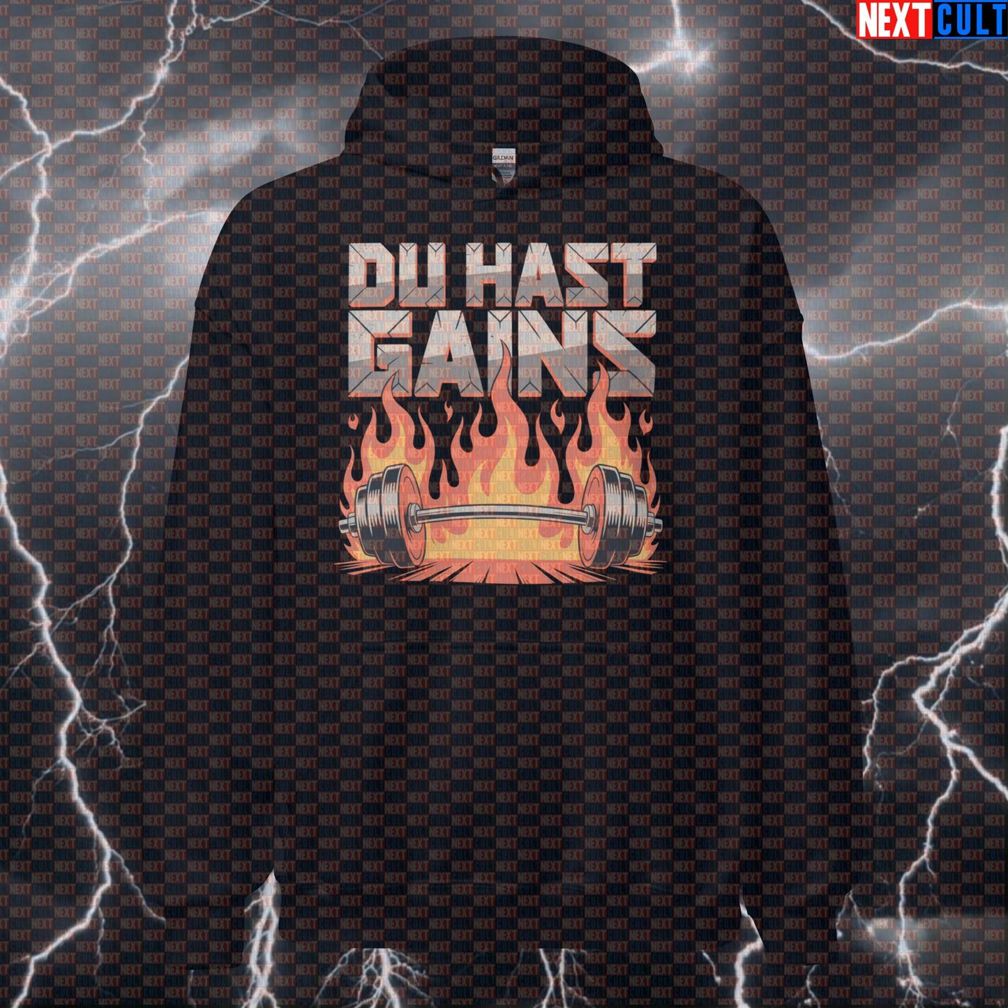 Du Hast Gains Funny Gym Hoodie - Rammstein Meme Hooded Sweatshirt Pullover Pump Cover Hoodies Bodybuilding Fitness Gym Powerlifting Pump Cover Rammstein Rock Music Workout Next Cult Brand