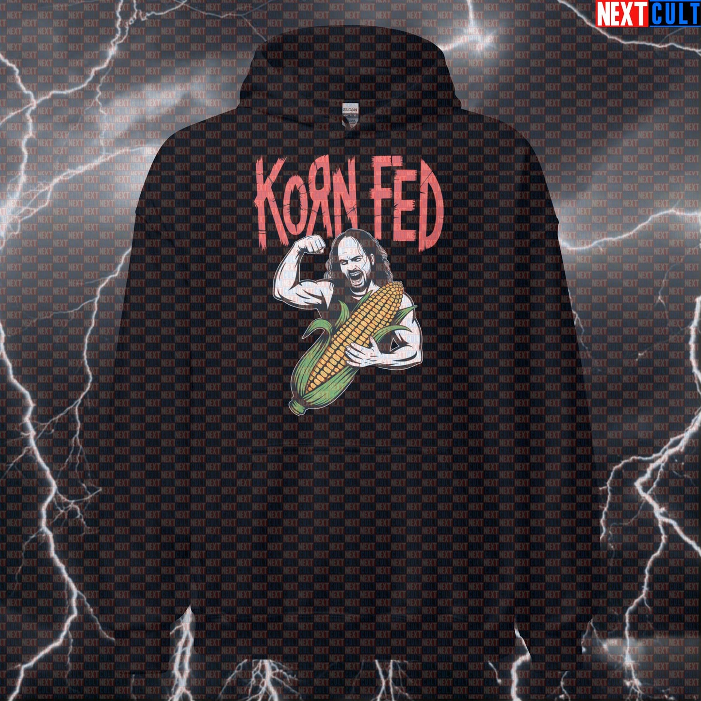 Korn-Fed Funny Gym Hoodie - Metalhead Workout Hooded Sweatshirt Pullover Pump Cover Hoodies Bodybuilding Fast Food Fitness Gym Korn Pump Cover Workout Next Cult Brand