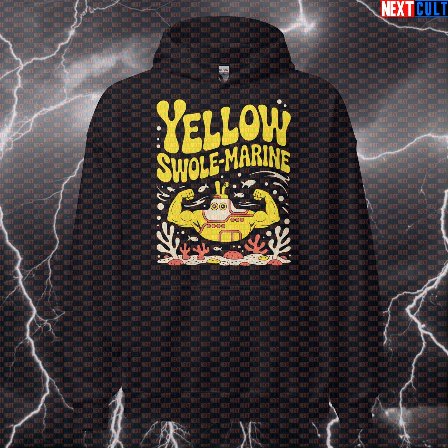 Yellow Swole-Marine Funny Gym Hoodie - Beatles Parody Hooded Sweatshirt Pullover Pump Cover Hoodies Bodybuilding Fitness Gym Pump Cover Rock Music The Beatles Workout Next Cult Brand