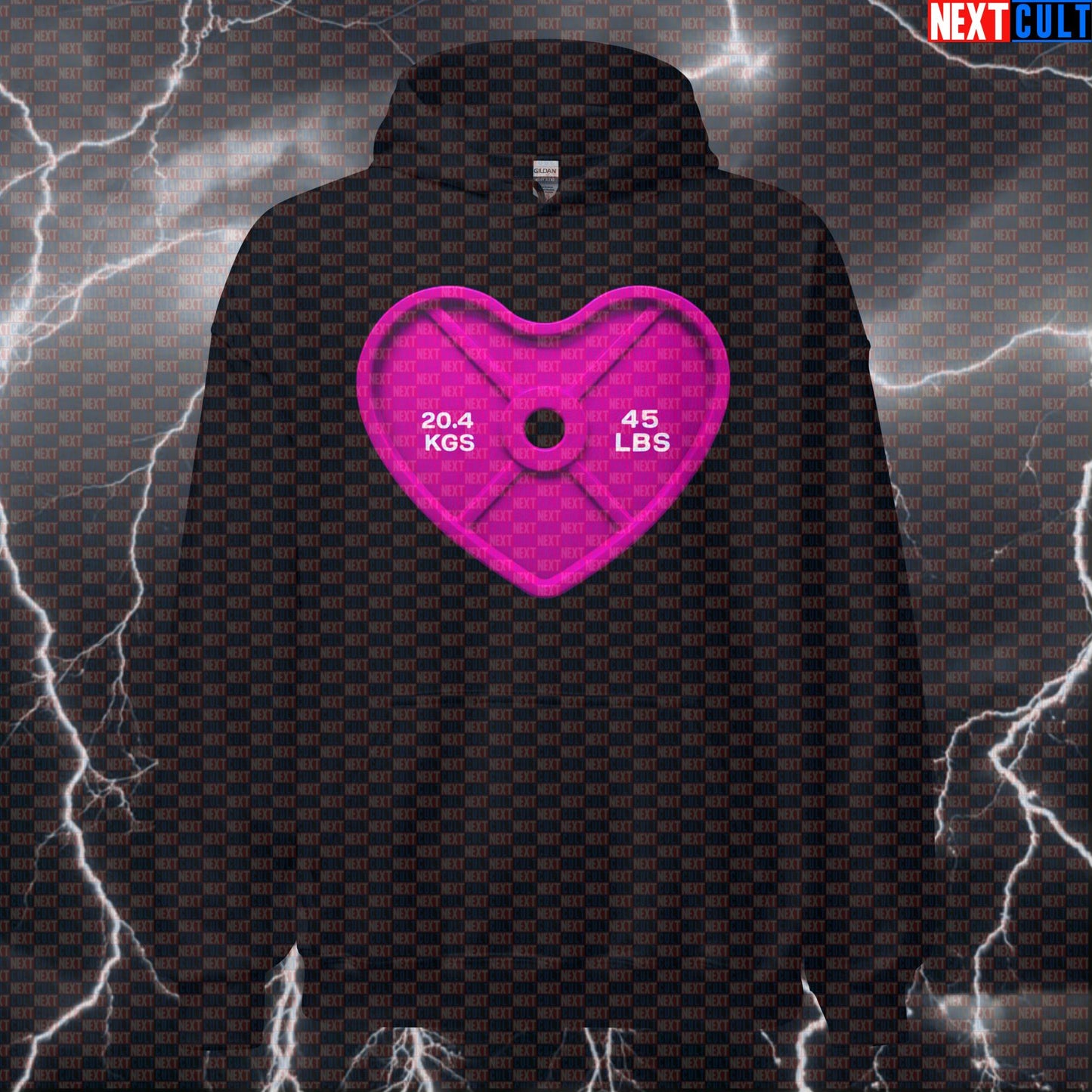 Pink Heart Weight Plate Funny Gym Hoodie | I Love Gym Valentine's Workout Hooded Sweatshirt for Lifters Hoodies Bodybuilding Fitness Gym Powerlifting Pump Cover Valentine's Day Workout Next Cult Brand