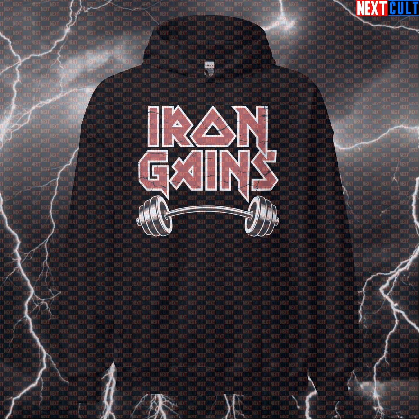 Iron Gains Funny Gym Hoodie – Heavy Metal Workout Hooded Sweatshirt Pullover Jumper Gym Top Hoodies Bodybuilding Fitness Gym Iron Maiden Powerlifting Pump Cover Rock Music Workout Next Cult Brand