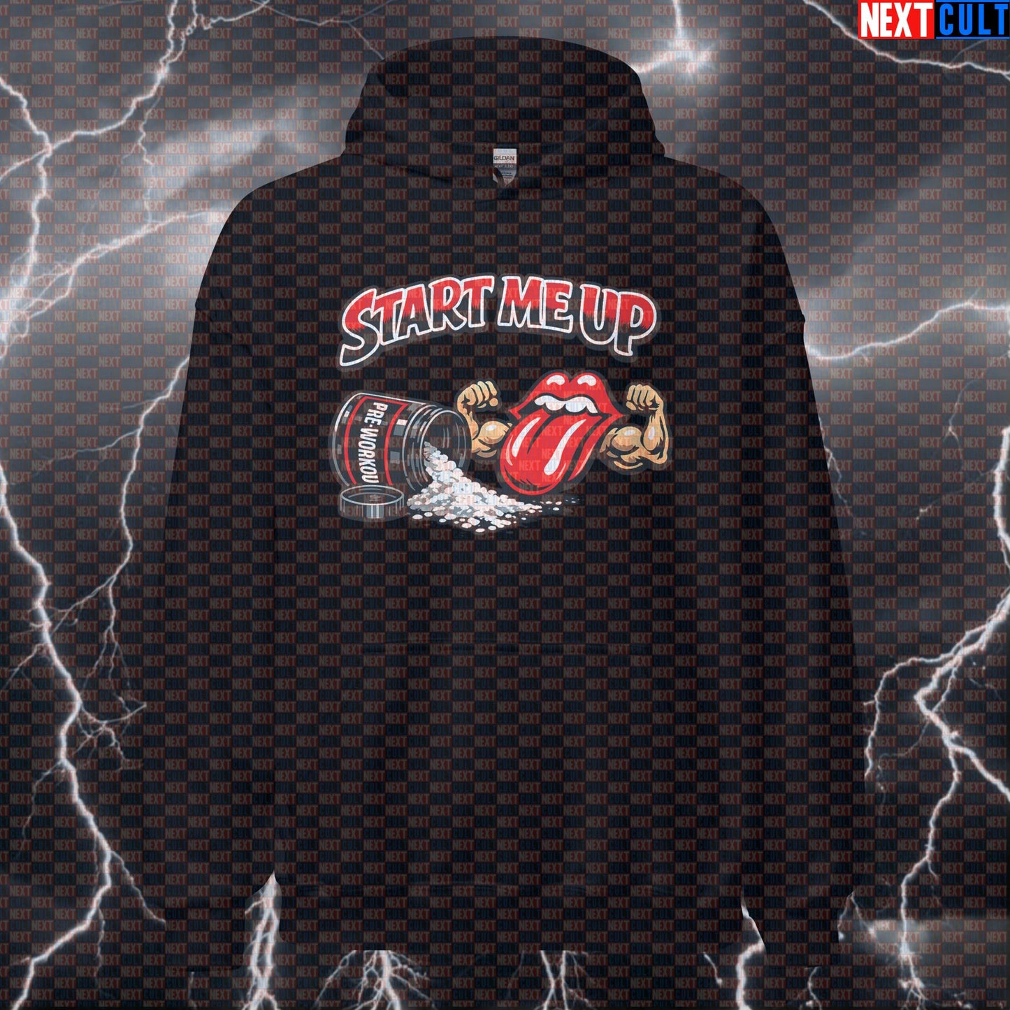 Start Me Up Pre-Workout Rolling Stones Hooded Sweatshirt — Funny Gym Hoodie for Bodybuilding, Fitness, Powerlifting & Meme Lifters Hoodies Bodybuilding Fitness Gym Powerlifting Pump Cover Rock Music The Rolling Stones Workout Next Cult Brand