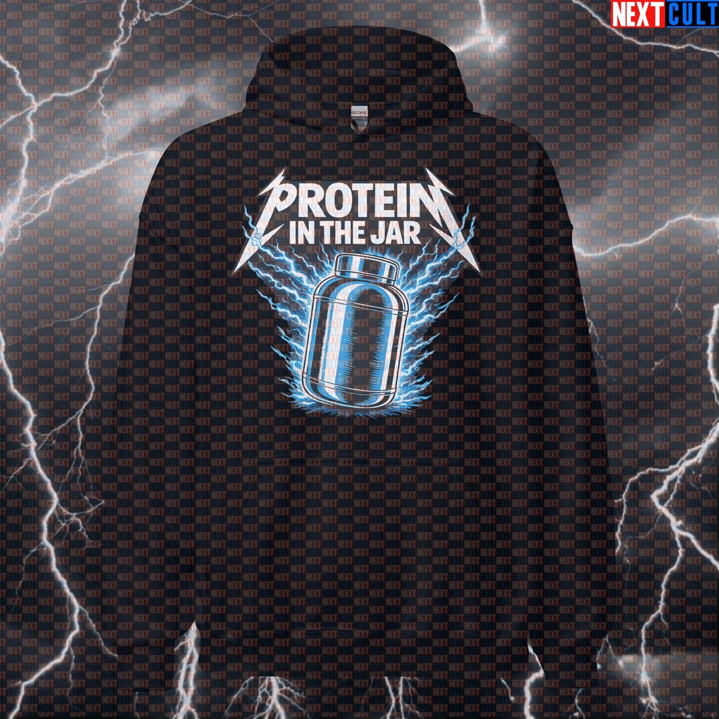 Protein In The Jar Funny Gym Hoodie Hooded Sweatshirt Pullover Gym Apparel for Lifters Metallica Protein Shake Workout Fans Bodybuilding Fitness Gym Metallica Pump Cover Rock Music Workout Next Cult Brand