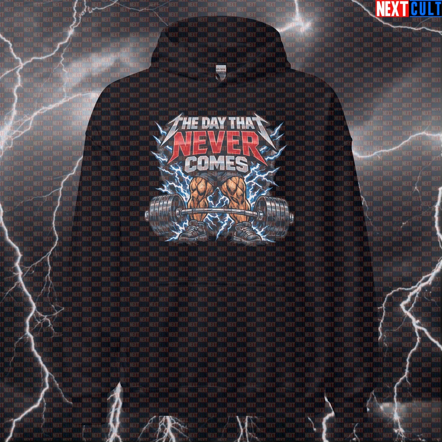 Leg Day The Day That Never Comes Metallica Heavy Metal Funny Gym Hoodie — Rock Music Bodybuilding & Powerlifting Workout Hoodie Bodybuilding Fitness Gym Leg Day Metallica Powerlifting Pump Cover Rock Music Workout Next Cult Brand