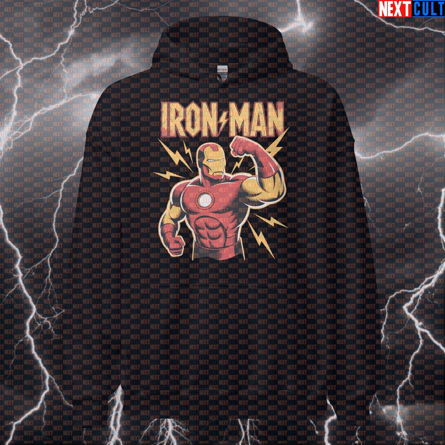 Iron Man AC DC Funny Gym Hoodie Hooded Sweatshirt Pullover Pump Cover for Lifters Rock Music Fans Hoodies AC/DC Avengers Bodybuilding Films Fitness Gym Iron Man Powerlifting Pump Cover Rock Music Superheroes Workout Next Cult Brand