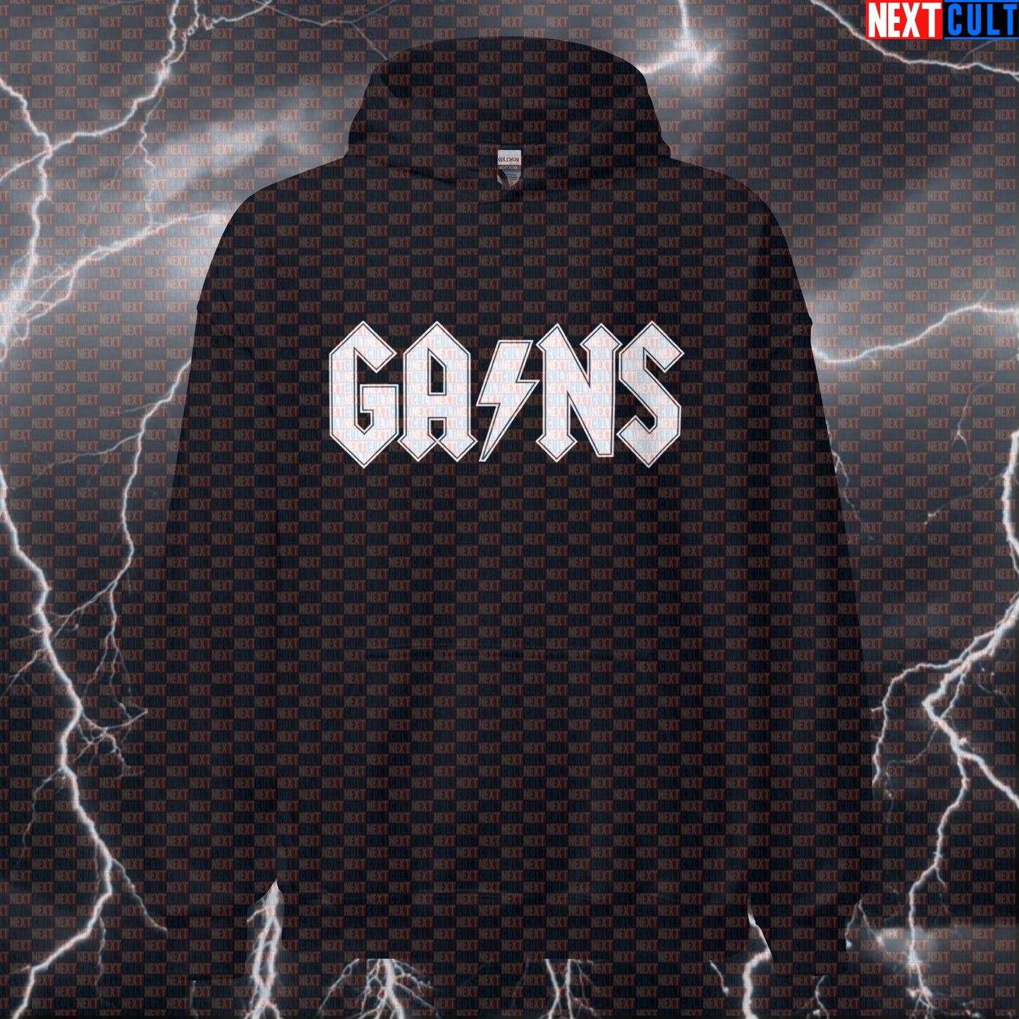 Gains Funny Gym Hoodie Hooded Sweatshirt Pullover Pump Cover for Lifters AC DC Rock Music Fans Hoodies AC/DC Bodybuilding Fitness Gym Pump Cover Rock Music Workout Next Cult Brand