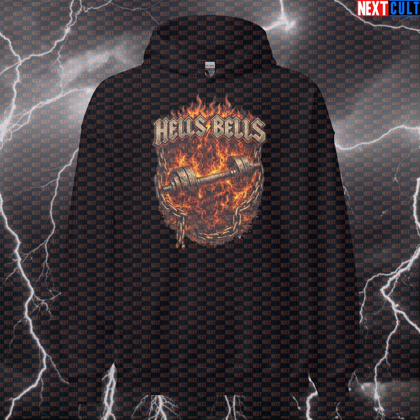 Hells Dumbbells Funny Gym Hoodie Hells Bells Parody AC/DC Heavy Metal Rock Workout Hoodie Hoodies AC/DC Bodybuilding Fitness Gym Pump Cover Rock Music Workout Next Cult Brand