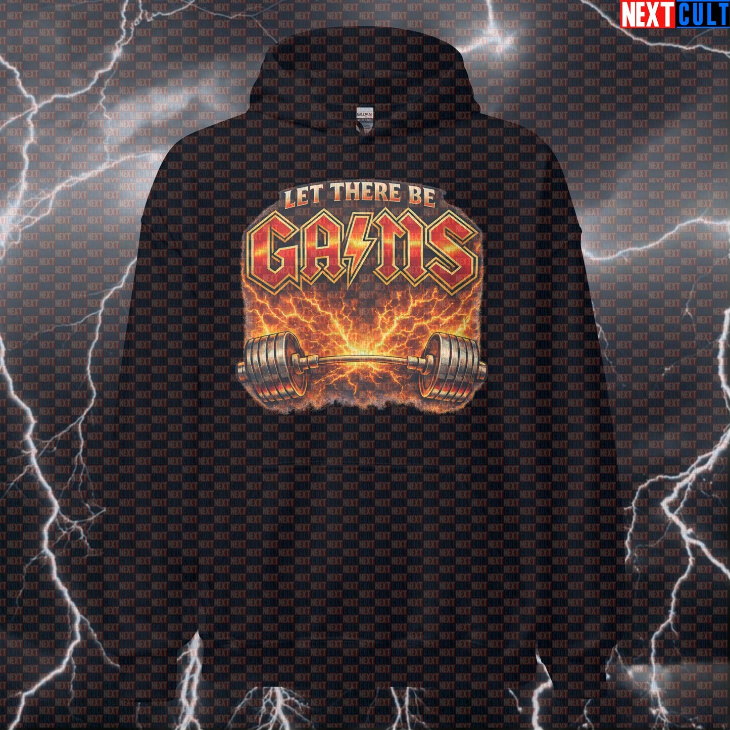 Let There Be Gains Funny Gym Hoodie Let There Be Rock Parody AC/DC Heavy Metal Rock Workout Hoodie Hoodies AC/DC Bodybuilding Fitness Gym Powerlifting Pump Cover Rock Music Workout Next Cult Brand