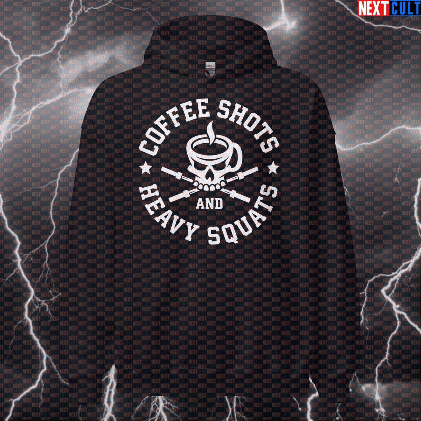 Coffee Shots & Heavy Squats Funny Gym Hoodie for Caffeine Addicts and Squat Lovers Bodybuilding Coffee Fast Food Fitness Gym Leg Day Powerlifting Pump Cover Workout Next Cult Brand