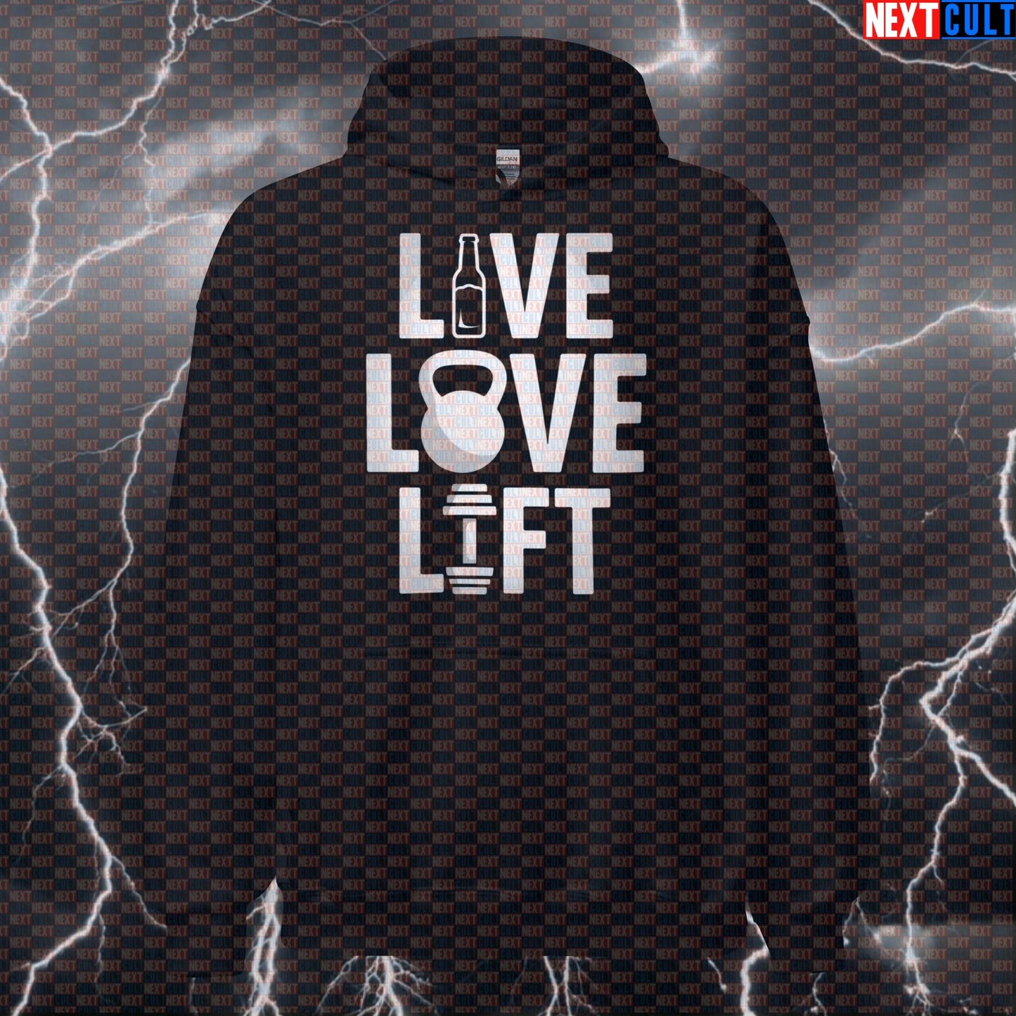 Live Love Lift Funny Gym Hoodie Hooded Sweatshirt Pullover Pump Cover for Lifters Workout Gymbro Apparel Beer Bodybuilding Fitness Gym Kettlebell Pump Cover Workout Next Cult Brand