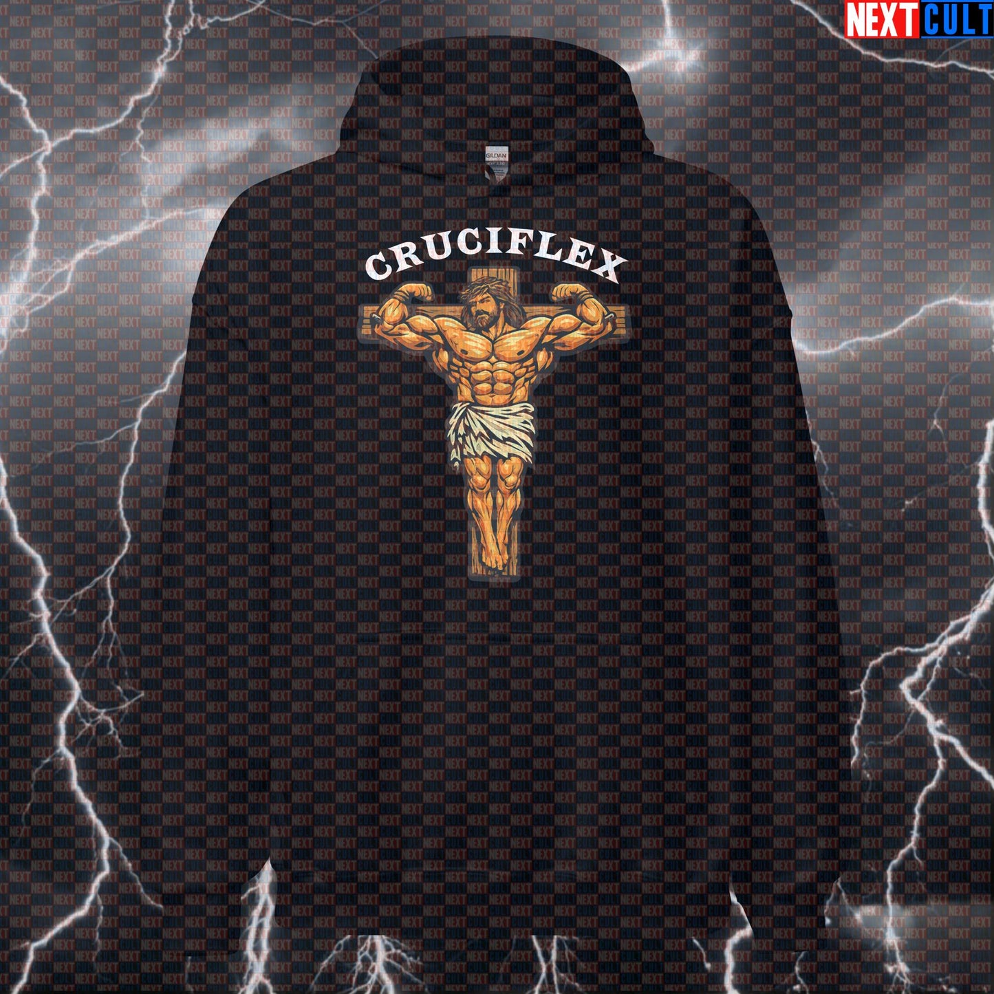 Cruciflex Jesus Christ Funny Gym Hoodie – Bodybuilding Workout Fitness Lifting Powerlifting Meme Hooded Sweatshirt Bodybuilding Easter Fitness Gym Jesus Pump Cover Workout Next Cult Brand