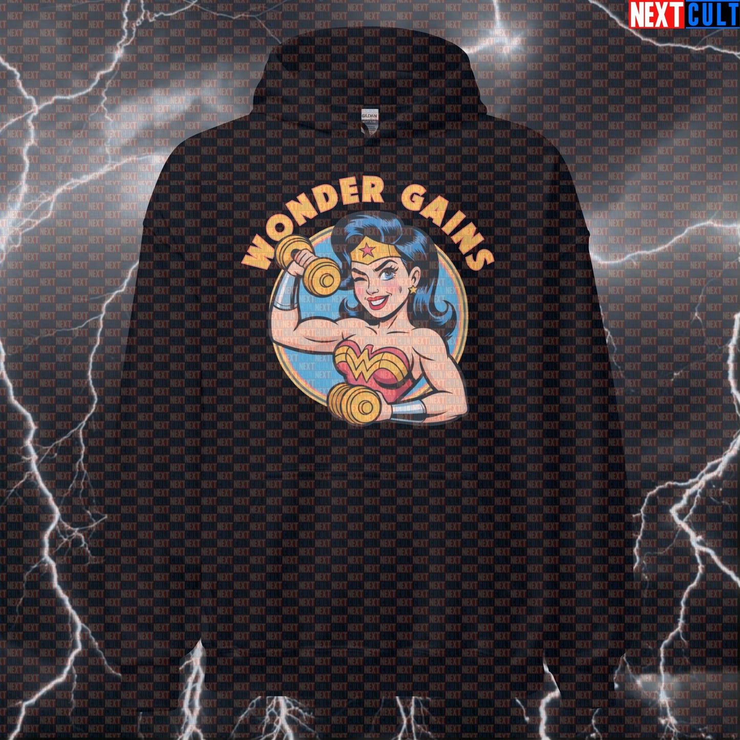 Wonder Gains Funny Gym Hoodie Hooded Sweatshirt Pullover Pump Cover for Lifters Gymbro Workout Superhero Fans Hoodies Next Cult Brand