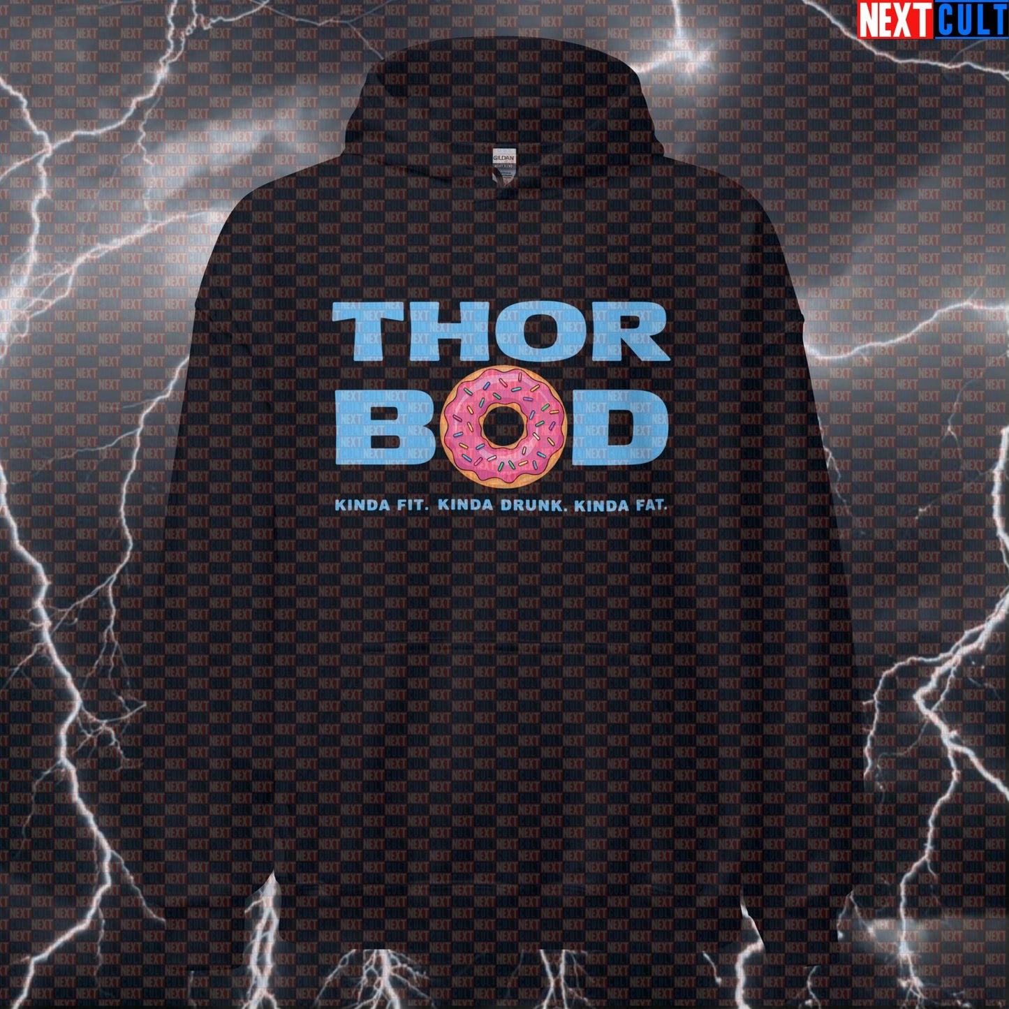 Thor Bod Funny Gym Hoodie Hooded Sweatshirt Pullover Pump Cover for Lifters Gymbros Kinda Fit Kinda Drunk Donut Meme Avengers Bodybuilding Donuts Fast Food Films Fitness Gym Pump Cover Superheroes Thor Workout Next Cult Brand
