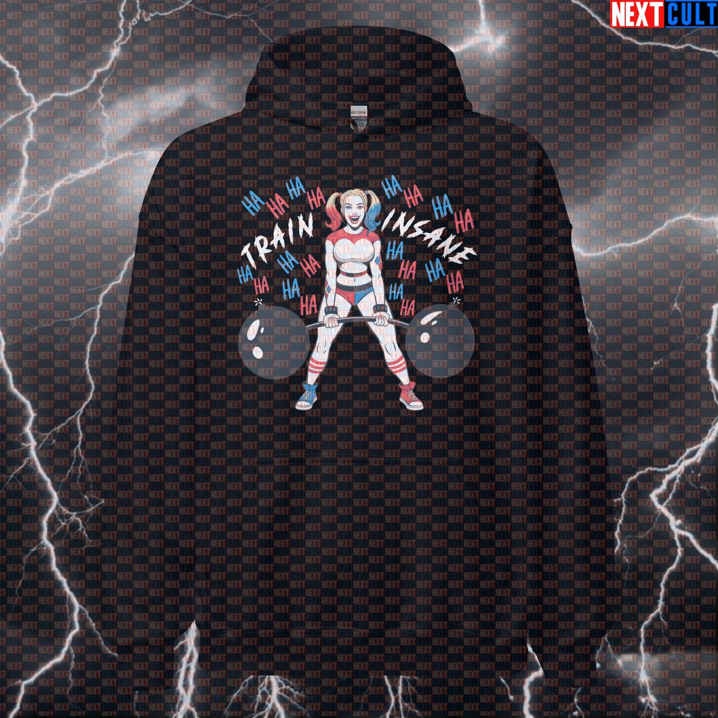 Train Insane Harley Quinn Funny Gym Hoodie Hooded Sweatshirt Pullover Pump Cover for Lifters Gymbros Workout Fans Bodybuilding Films Fitness Gym Harley Quinn Leg Day Powerlifting Pump Cover Superheroes Workout Next Cult Brand