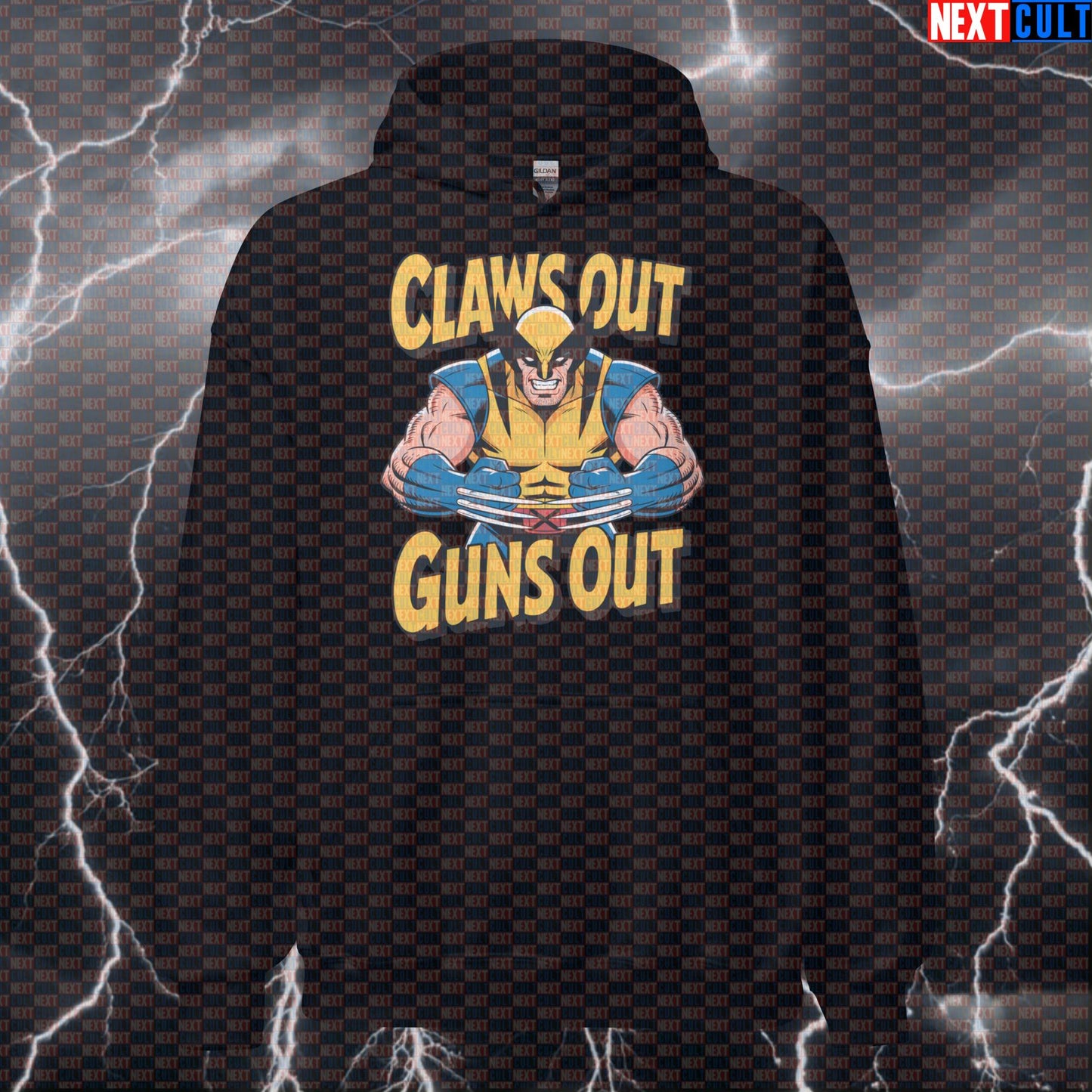 Claws Out Guns Out Wolverine Funny Gym Hoodie Hooded Sweatshirt Pullover Pump Cover for X-Men Fans and Lifters Hoodies Next Cult Brand