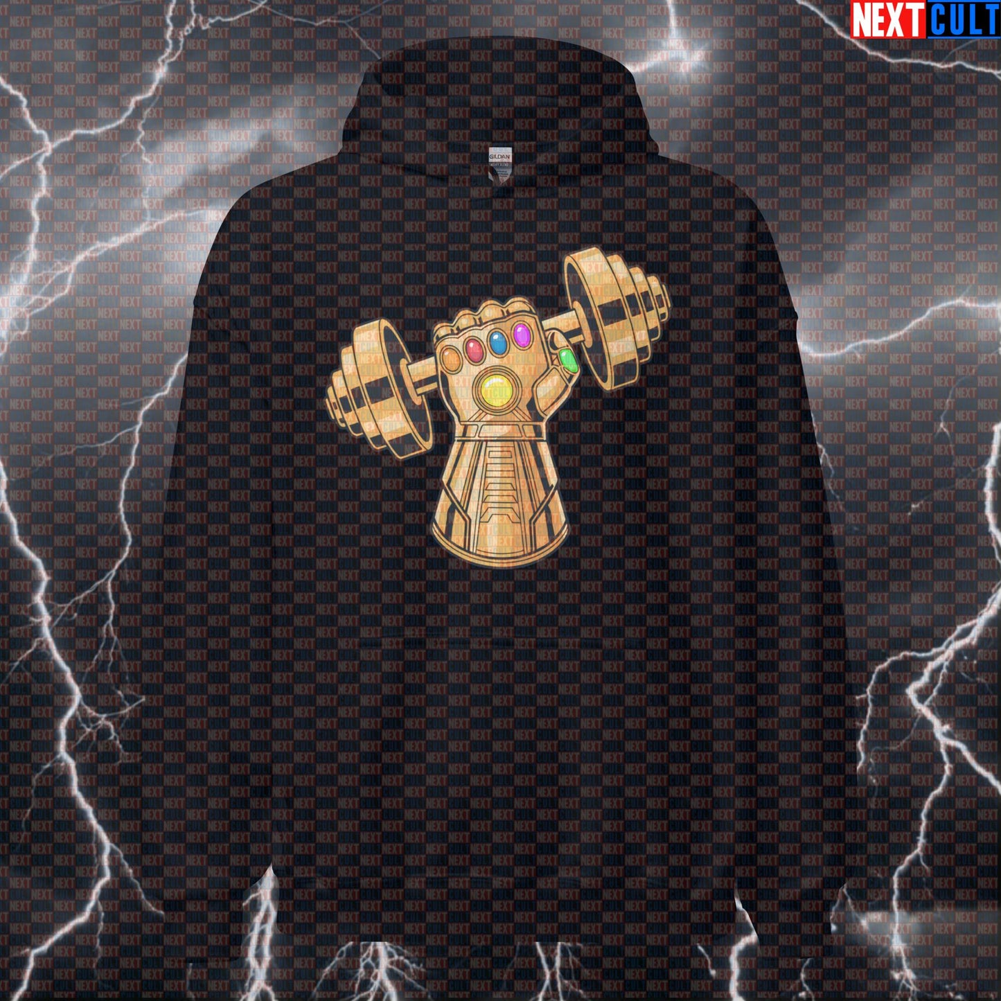 Dumbbell Gauntlet Funny Gym Hoodie Hooded Sweatshirt Pullover Pump Cover for Lifters Thanos Infinity Gauntlet Fans Hoodies Next Cult Brand