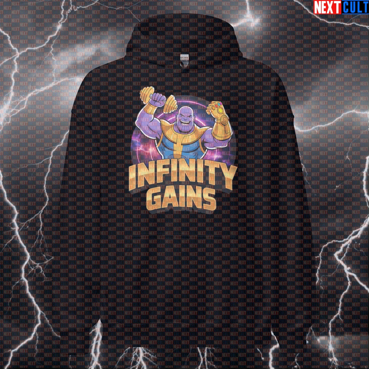 Infinity Gains Thanos Funny Gym Hoodie Hooded Sweatshirt Pump Cover Pullover Workout Hoodie for Lifters Gymbros Bodybuilding Films Fitness Gym Pump Cover Superheroes Thanos Workout Next Cult Brand