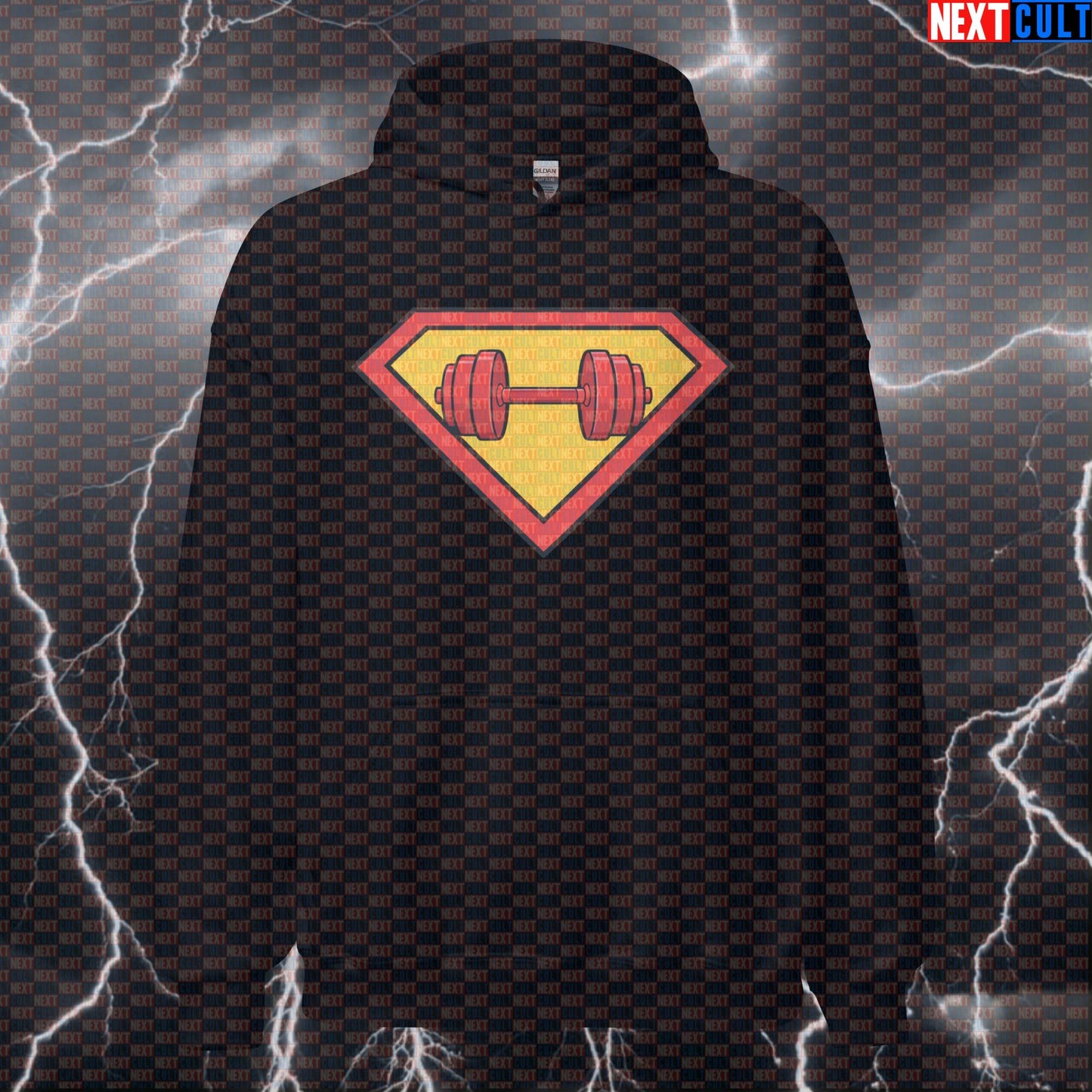 Superman Dumbbells Logo Funny Gym Hoodie – Superhero Workout Hoodie for Bodybuilding Powerlifting Fitness Meme Lifters Hoodies Next Cult Brand