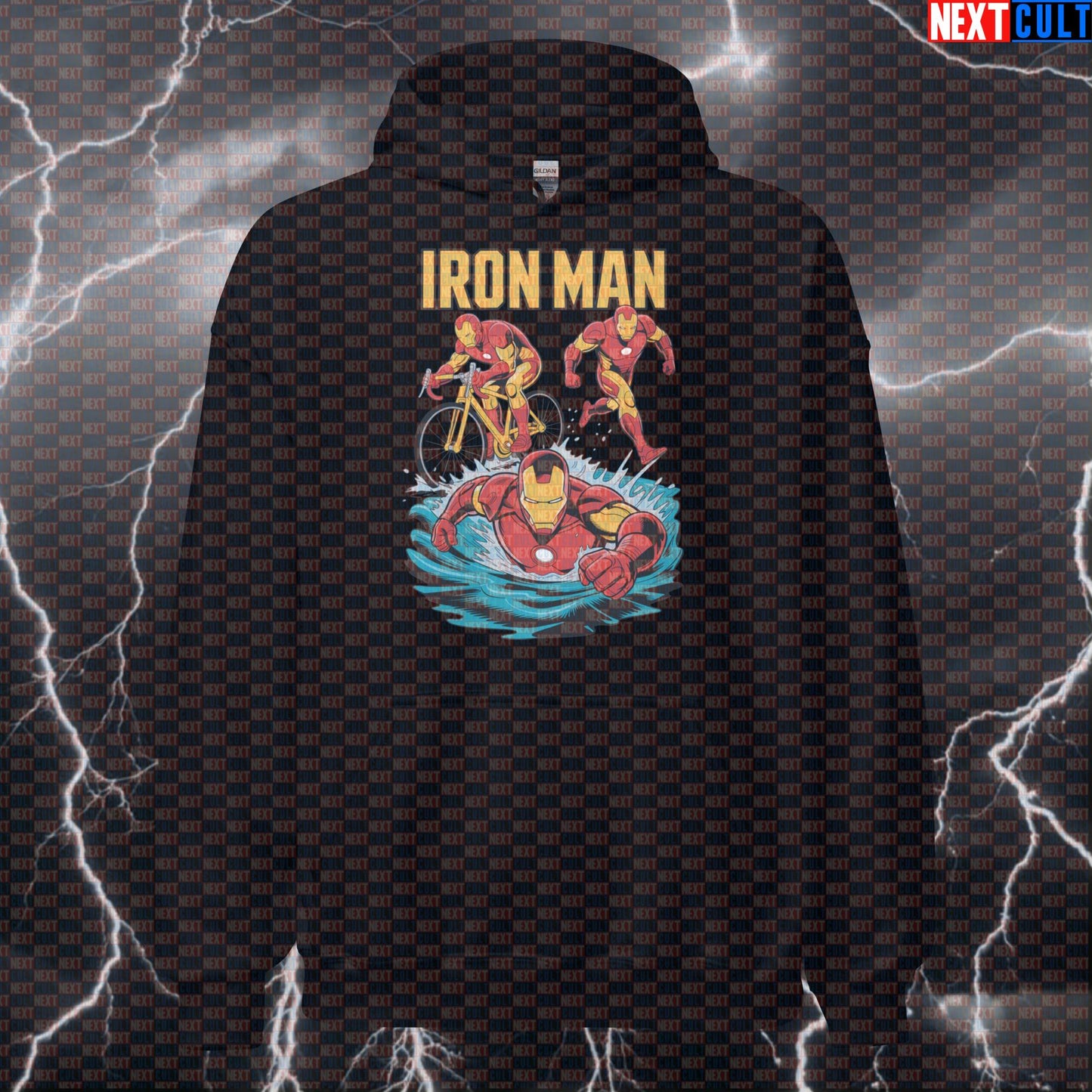 Iron Man Triathlon Funny Gym Hoodie Hooded Sweatshirt Pullover Pump Cover for Swim Bike Run Athletes Avengers Cardio Films Fitness Gym Iron Man Pump Cover Superheroes Workout Next Cult Brand