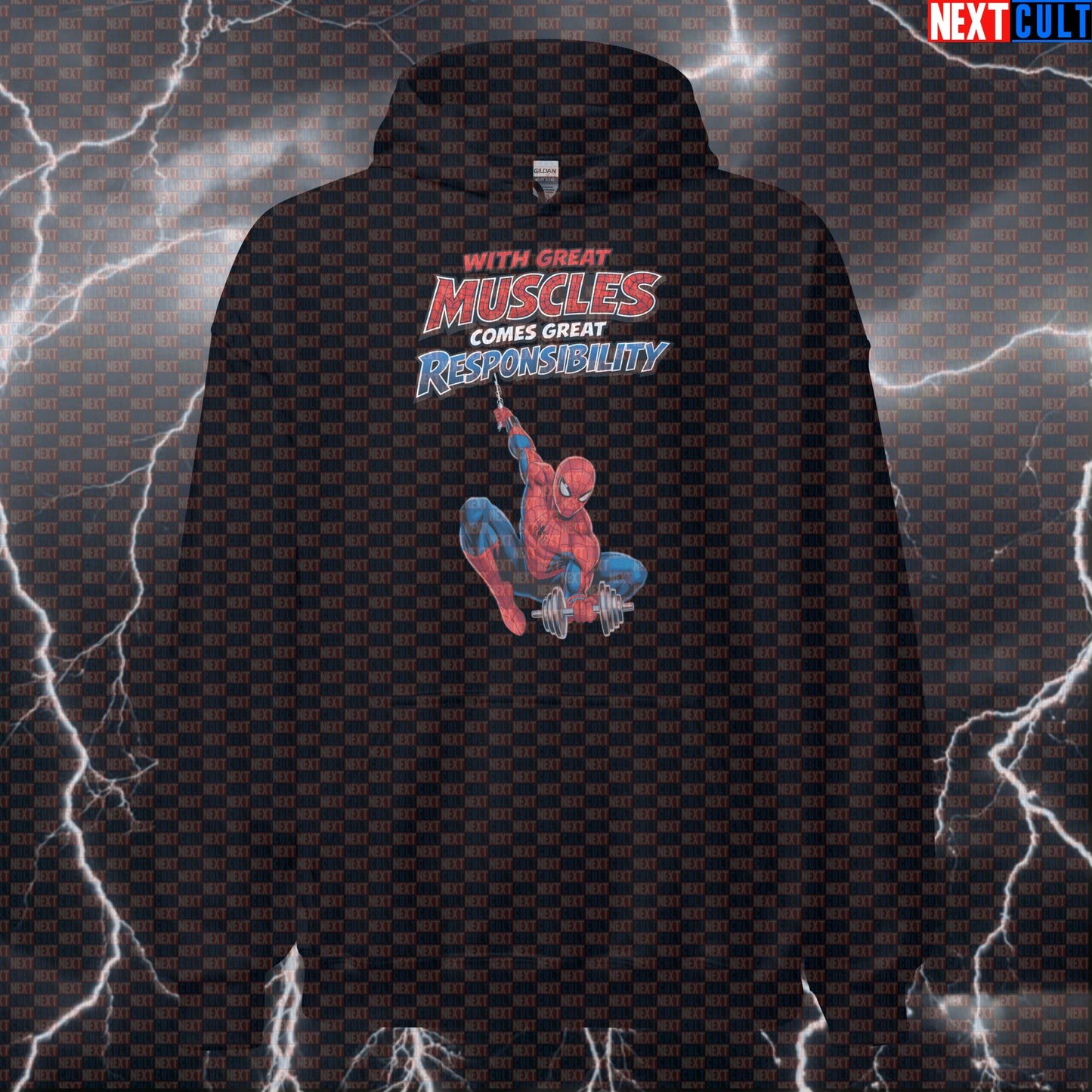 With Great Muscles Comes Great Responsibility Spider-Man Funny Gym Hoodie Workout Hoodie Bodybuilding Powerlifting Fitness Meme Hoodies Next Cult Brand