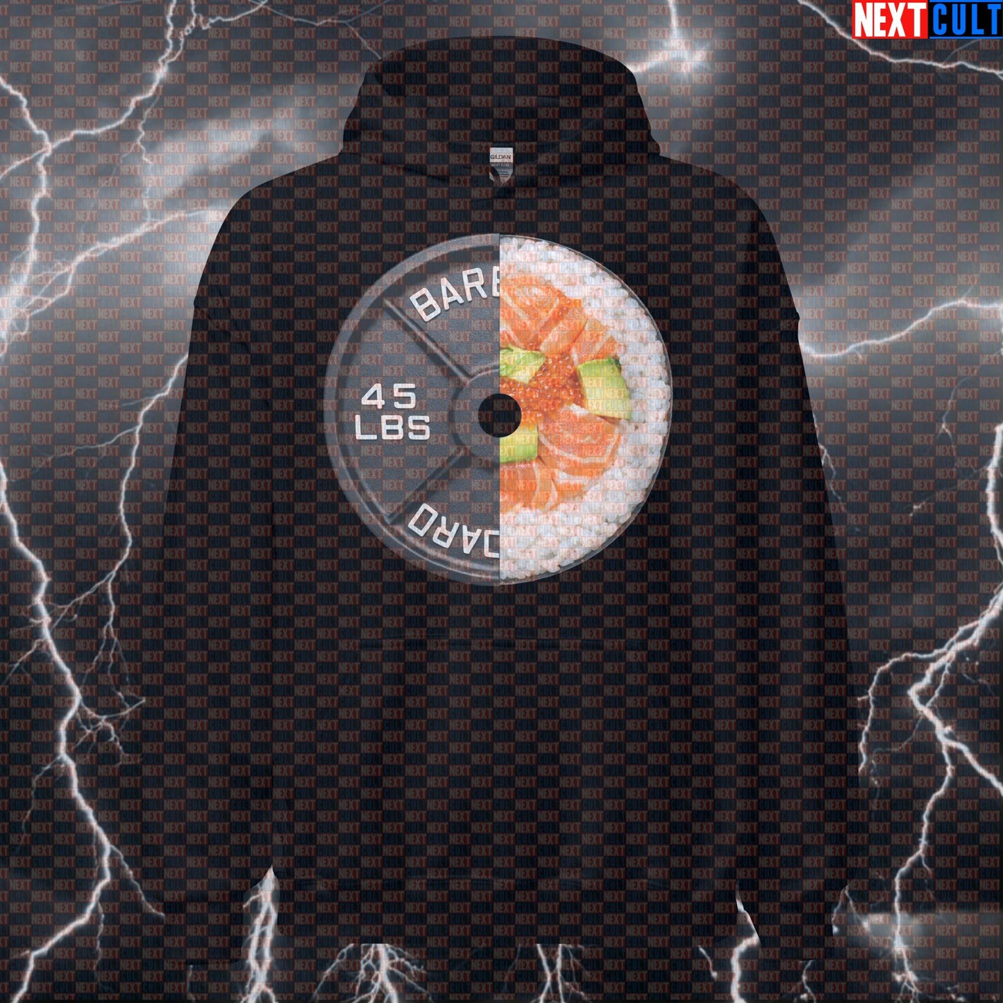 Sushi Weight Plate Funny Gym Hoodie 45LB Plate Sushi & Weights Workout Hoodie Fitness Hoodies Next Cult Brand