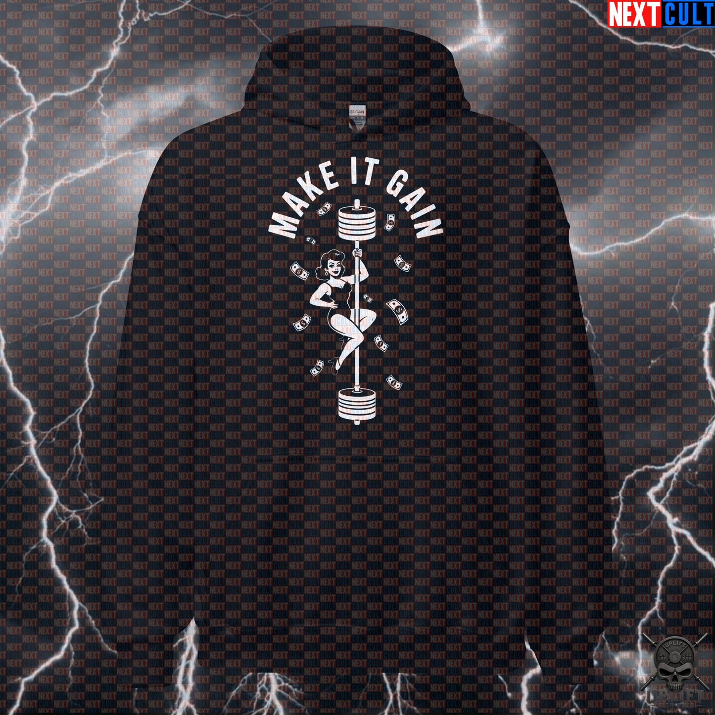 Make It Gain Funny Gym Hoodie - Pole Dance Meme Barbell Hooded Sweatshirt Pullover Hoodies Next Cult Brand