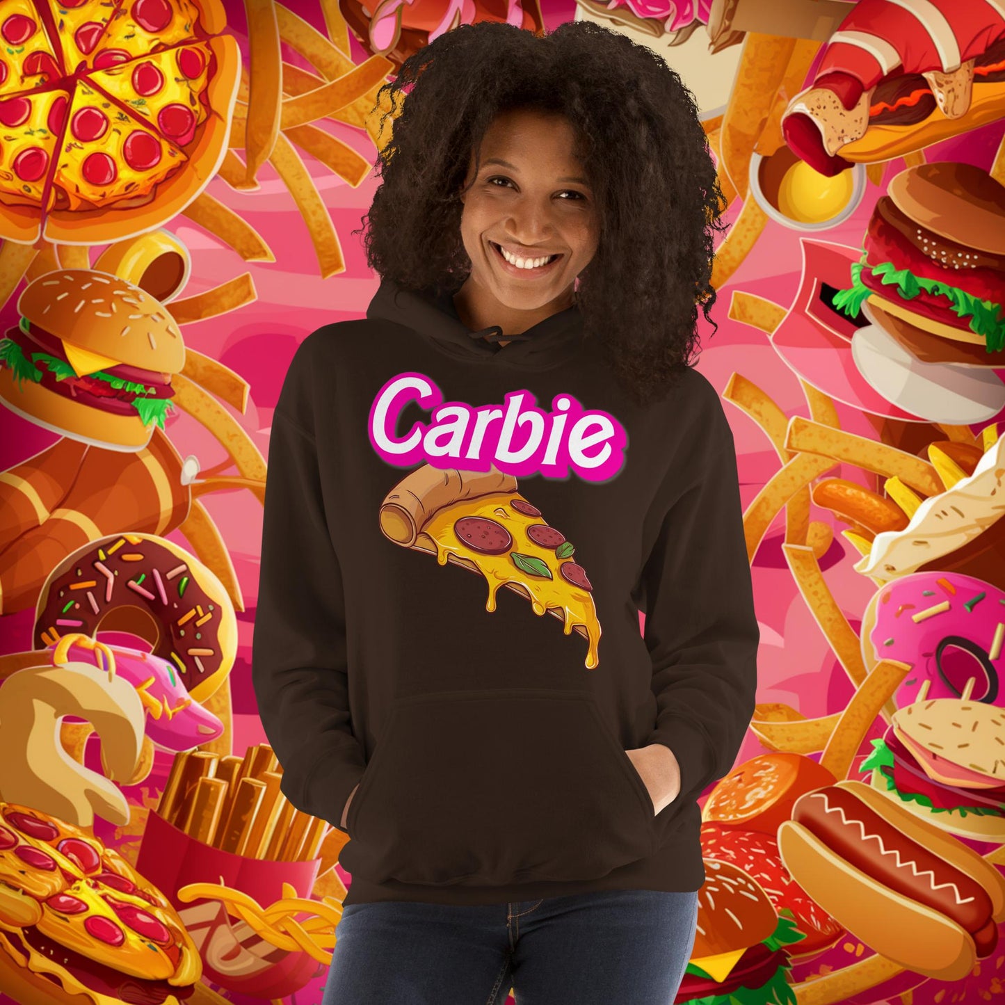 Carbie Barbie I Love Carbs I Love Pizza Unisex Hoodie Dark Chocolate Hoodies Barbie Carbie Fast Food Ken Movies Pizza Next Cult Brand