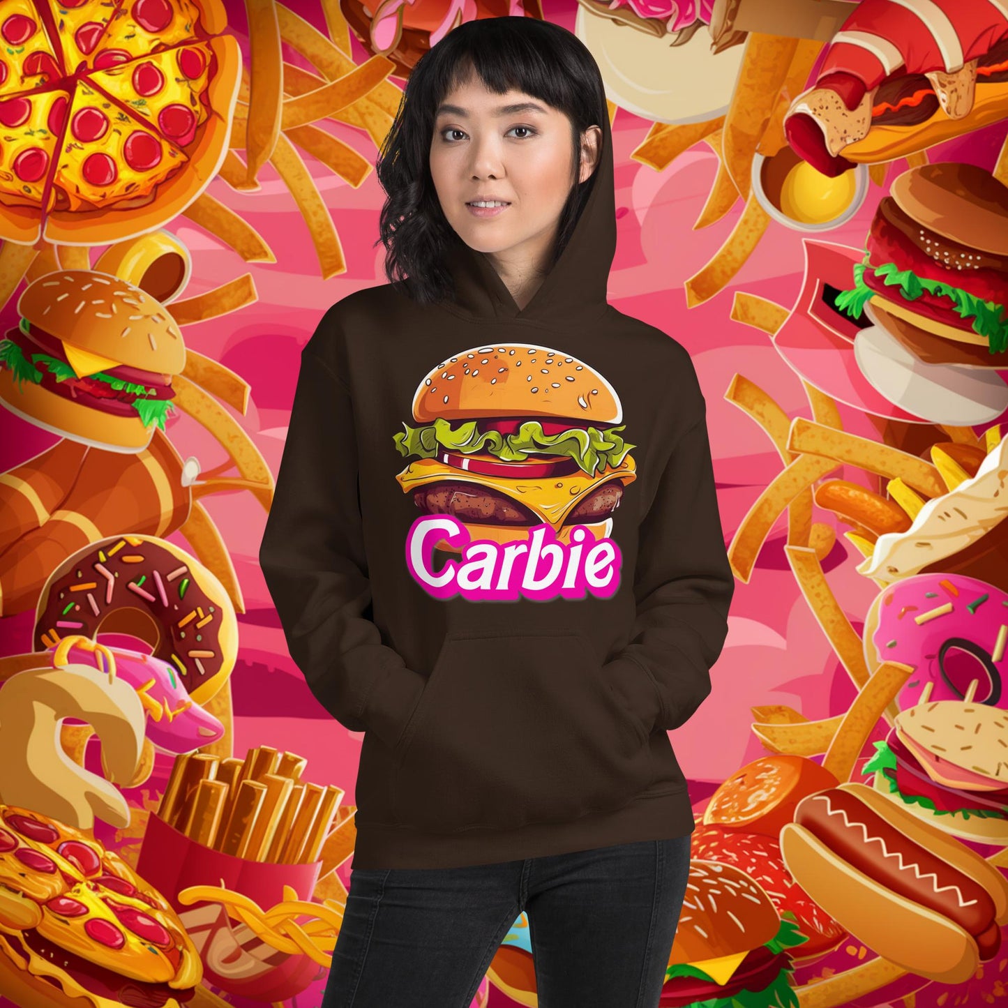 Carbie Barbie Cheeseburger Unisex Hoodie Dark Chocolate Hoodies Barbie Burgers Carbie Fast Food Movies Next Cult Brand