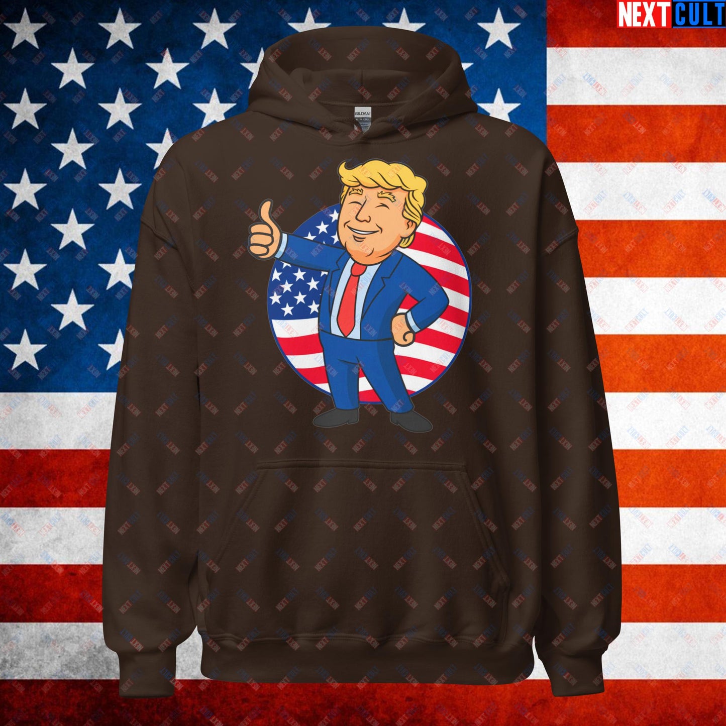 President Boy Donald Trump Politics Vault Boy Fallout Funny Meme Cartoon Mashup Unisex Hoodie Dark Chocolate Hoodies Donald Trump Fallout Politics Republicans Vault Boy Next Cult Brand