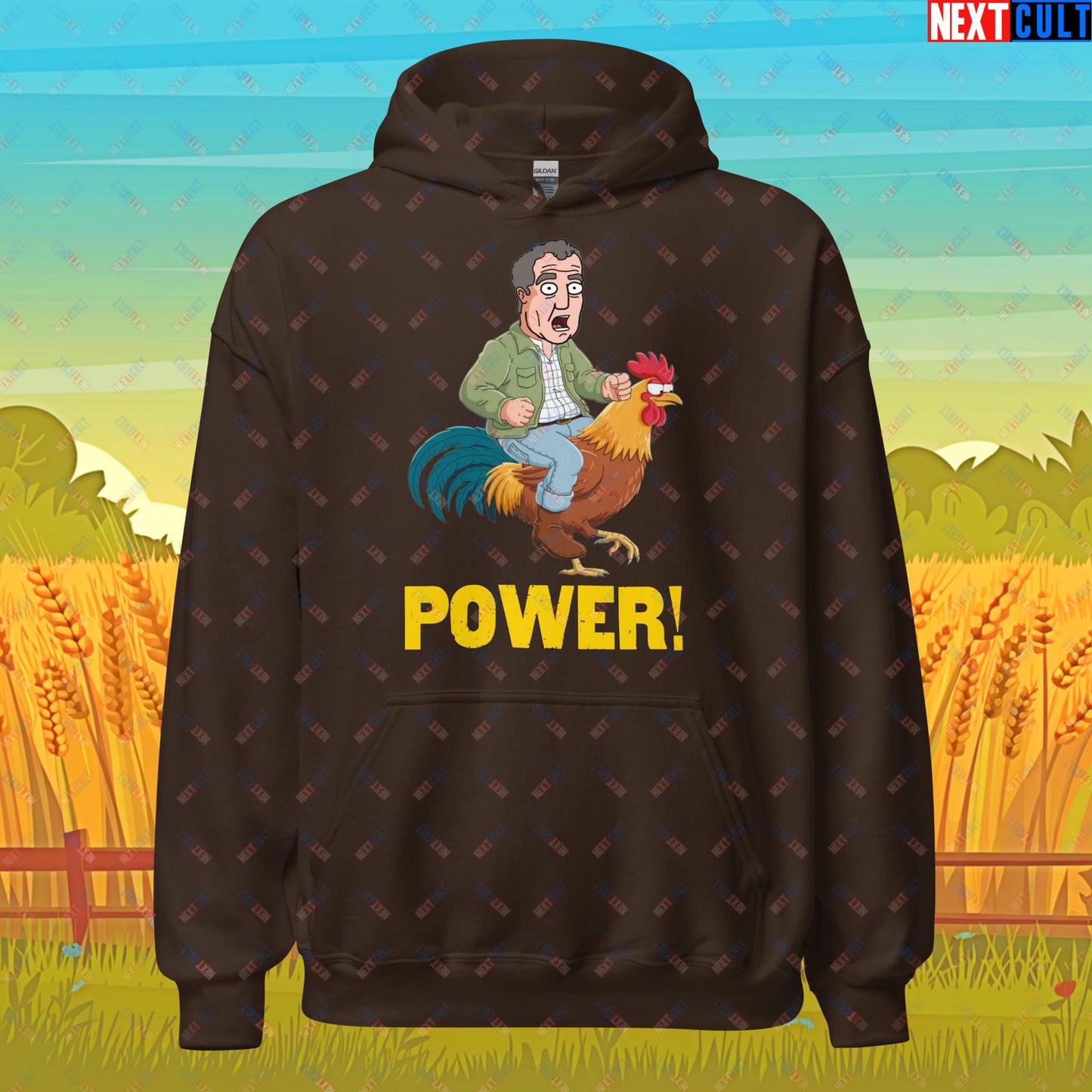 Power Rooster Chicken Farming Jeremy Clarkson's Farm Diddly Squat Grand Tour Top Gear Funny Meme Cartoon Unisex Hoodie Dark Chocolate Hoodies Clarkson's Farm Grand Tour Jeremy Clarkson Top Gear TV Shows Next Cult Brand