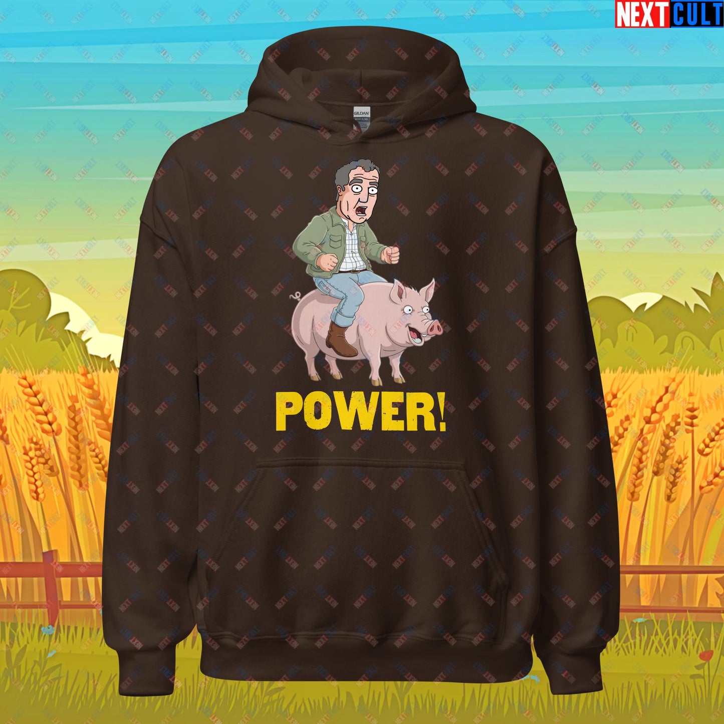 Power Pig Farming Jeremy Clarkson's Farm Diddly Squat Grand Tour Top Gear Funny Meme Cartoon Unisex Hoodie Dark Chocolate Hoodies Clarkson's Farm Grand Tour Jeremy Clarkson Top Gear TV Shows Next Cult Brand