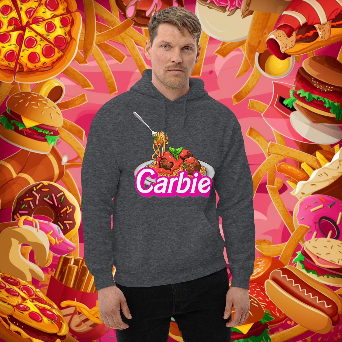 Carbie Barbie I Love Pasta I Love Carbs Unisex Hoodie Dark Heather Hoodies Barbie Carbie Ken Movies Next Cult Brand