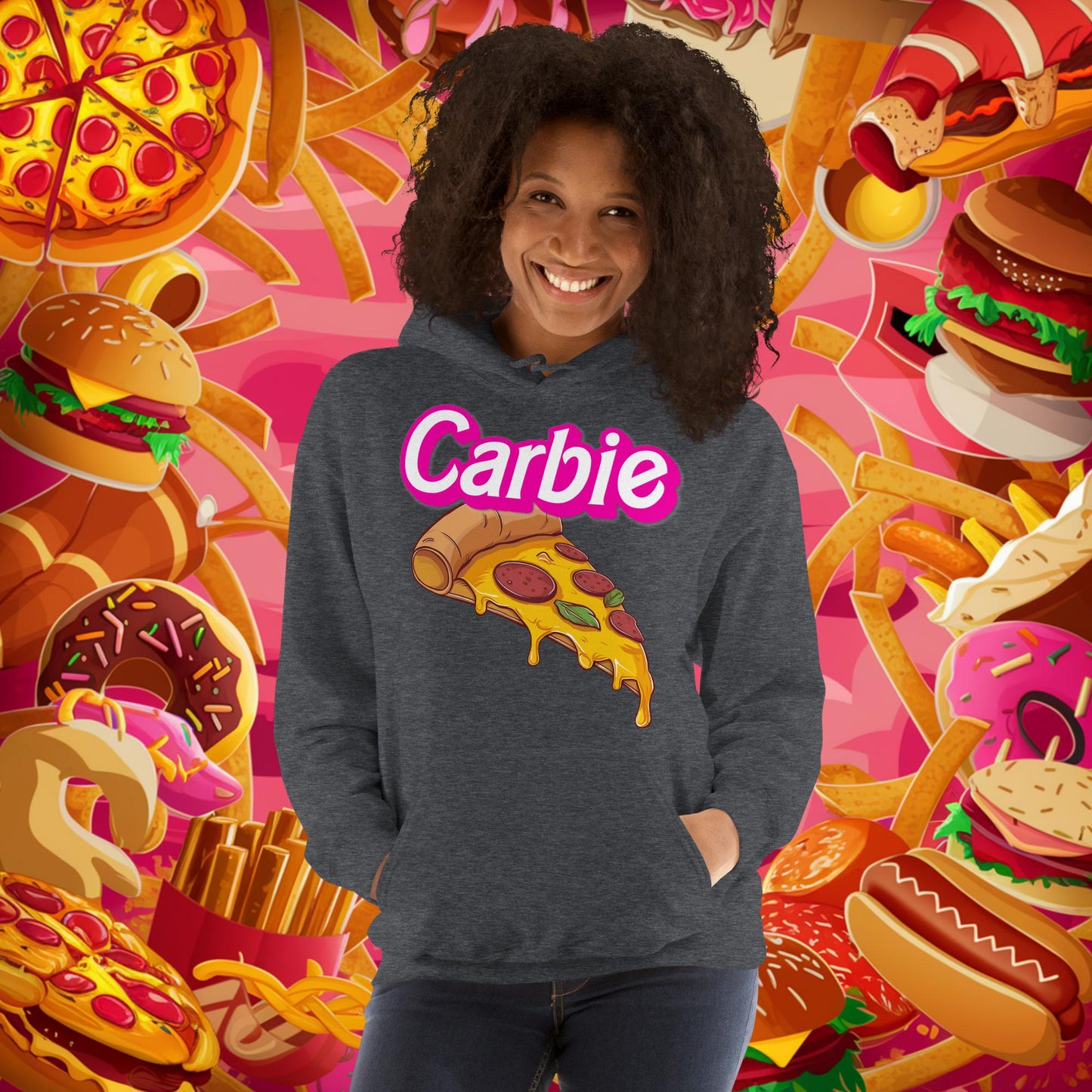 Carbie Barbie I Love Carbs I Love Pizza Unisex Hoodie Dark Heather Hoodies Barbie Carbie Fast Food Ken Movies Pizza Next Cult Brand
