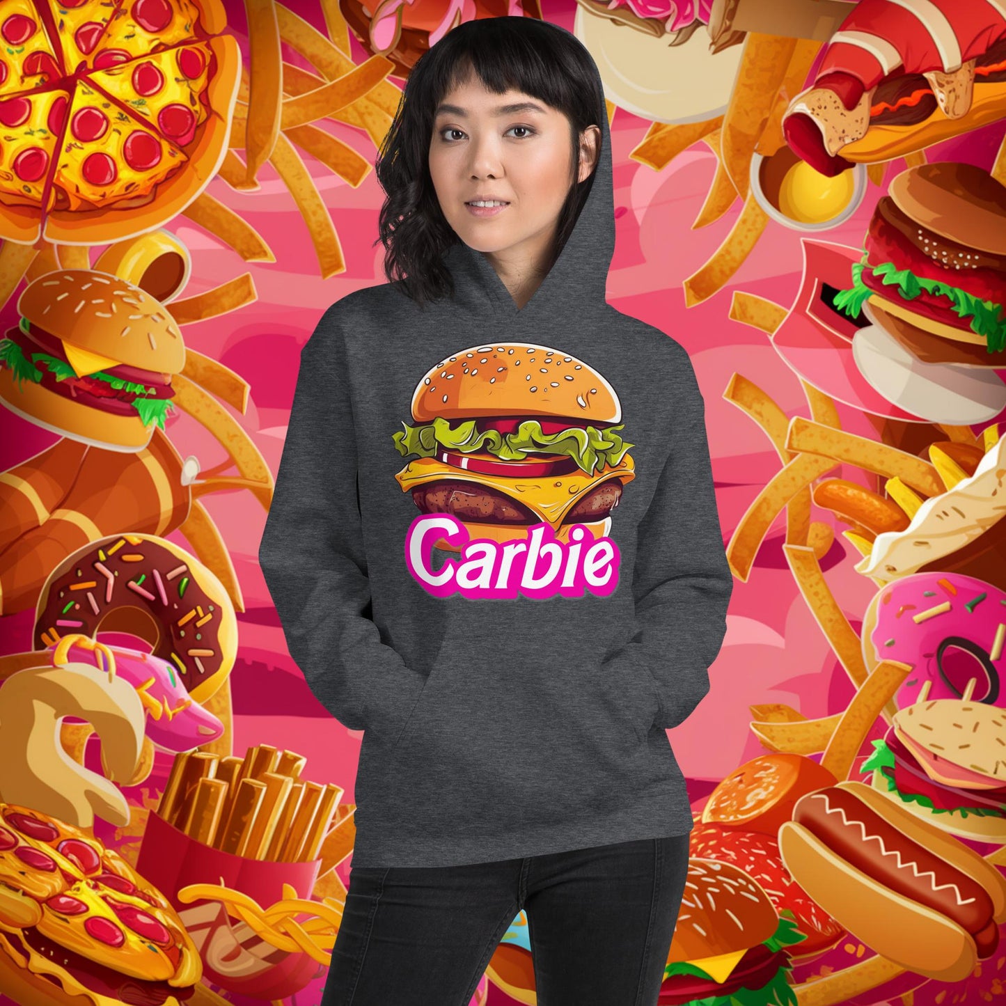 Carbie Barbie Cheeseburger Unisex Hoodie Dark Heather Hoodies Barbie Burgers Carbie Fast Food Movies Next Cult Brand
