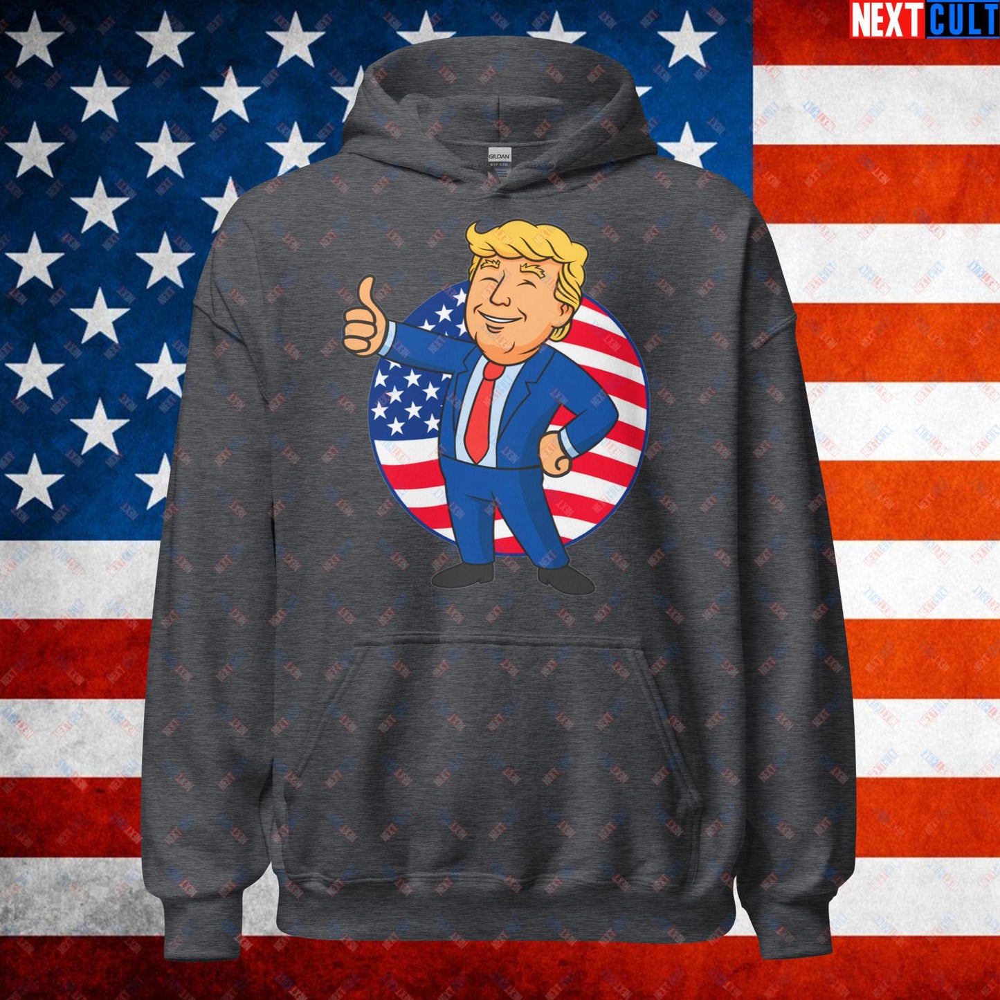 President Boy Donald Trump Politics Vault Boy Fallout Funny Meme Cartoon Mashup Unisex Hoodie Dark Heather Hoodies Donald Trump Fallout Politics Republicans Vault Boy Next Cult Brand
