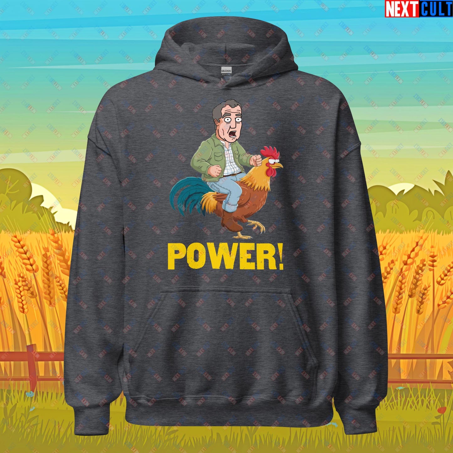 Power Rooster Chicken Farming Jeremy Clarkson's Farm Diddly Squat Grand Tour Top Gear Funny Meme Cartoon Unisex Hoodie Dark Heather Hoodies Clarkson's Farm Grand Tour Jeremy Clarkson Top Gear TV Shows Next Cult Brand