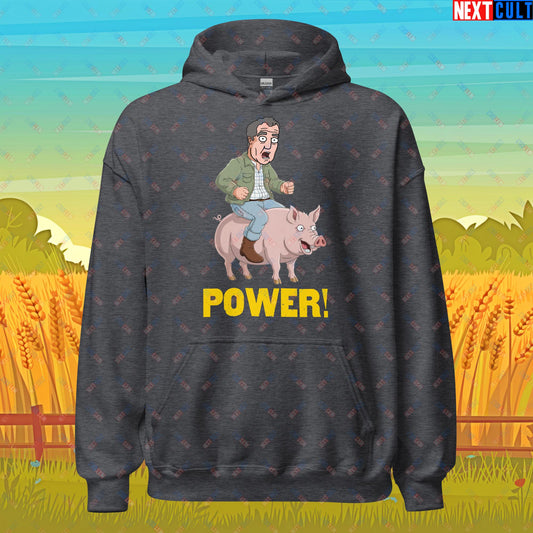 Power Pig Farming Jeremy Clarkson's Farm Diddly Squat Grand Tour Top Gear Funny Meme Cartoon Unisex Hoodie Dark Heather Hoodies Clarkson's Farm Grand Tour Jeremy Clarkson Top Gear TV Shows Next Cult Brand