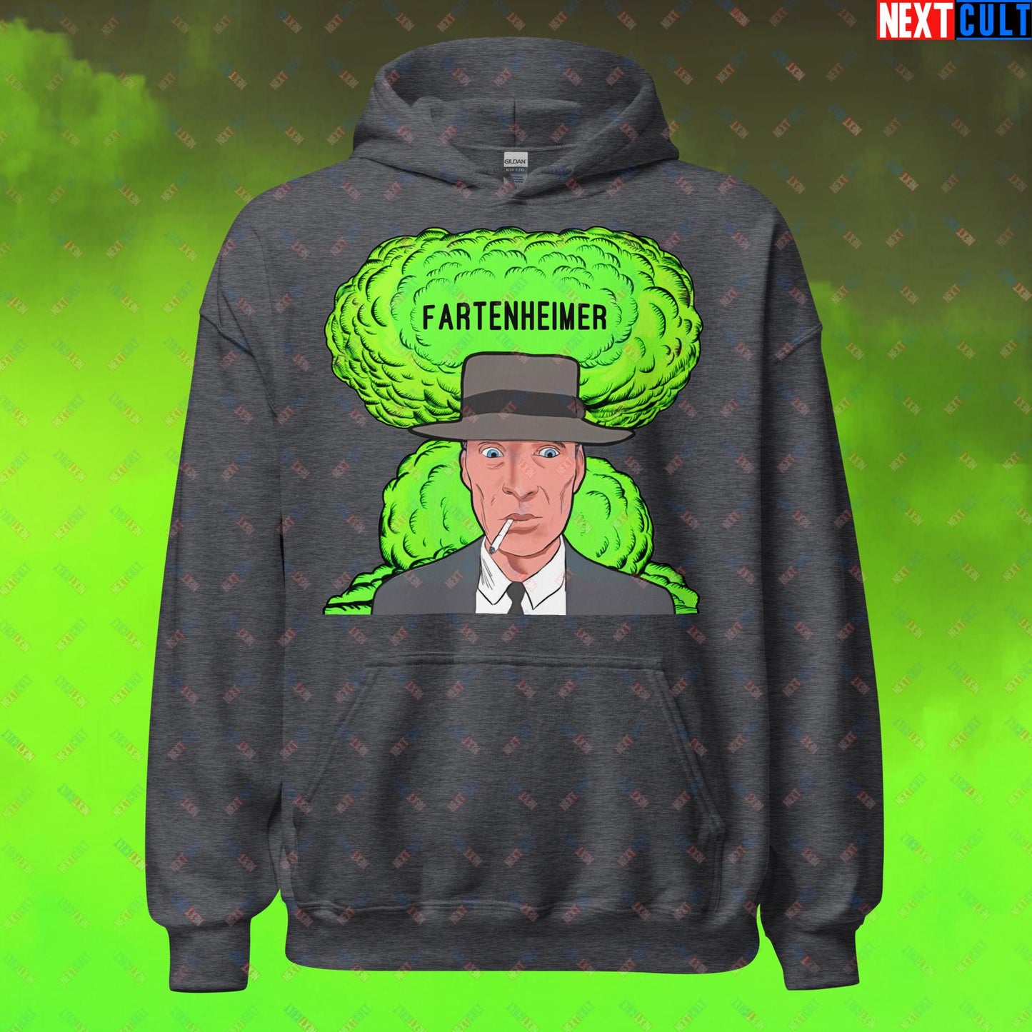 Fartenheimer Hoodie - Funny Fart Meme Sweatshirt Inspired by Oppenheimer & Nuclear Explosions - Toilet Humor Pullover Featuring Cillian Murphy Parody - Perfect Gift for Meme Lovers Unisex Hoodie Dark Heather Hoodies Cillian Murphy Movies Oppenheimer Next Cult Brand