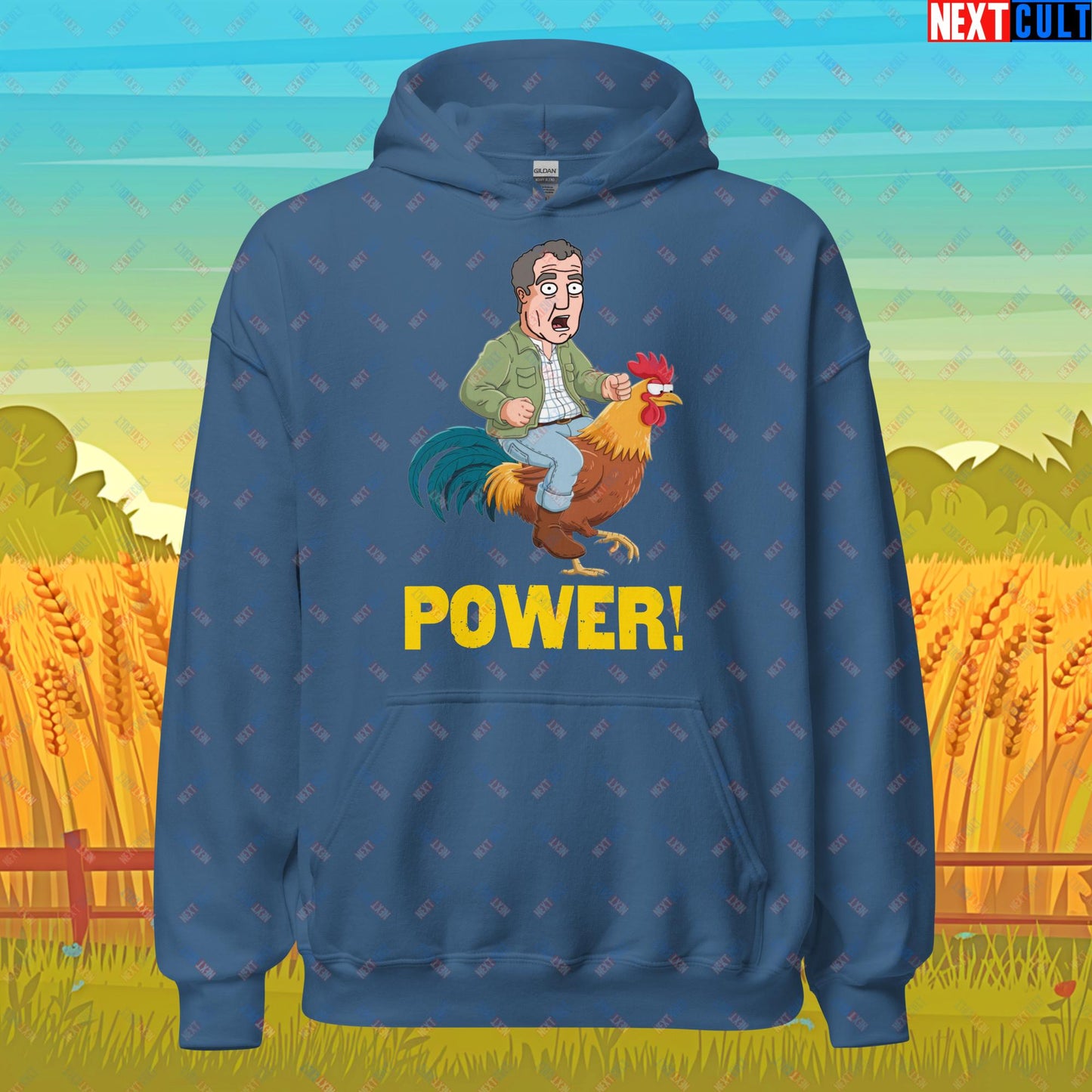 Power Rooster Chicken Farming Jeremy Clarkson's Farm Diddly Squat Grand Tour Top Gear Funny Meme Cartoon Unisex Hoodie Indigo Blue Hoodies Clarkson's Farm Grand Tour Jeremy Clarkson Top Gear TV Shows Next Cult Brand