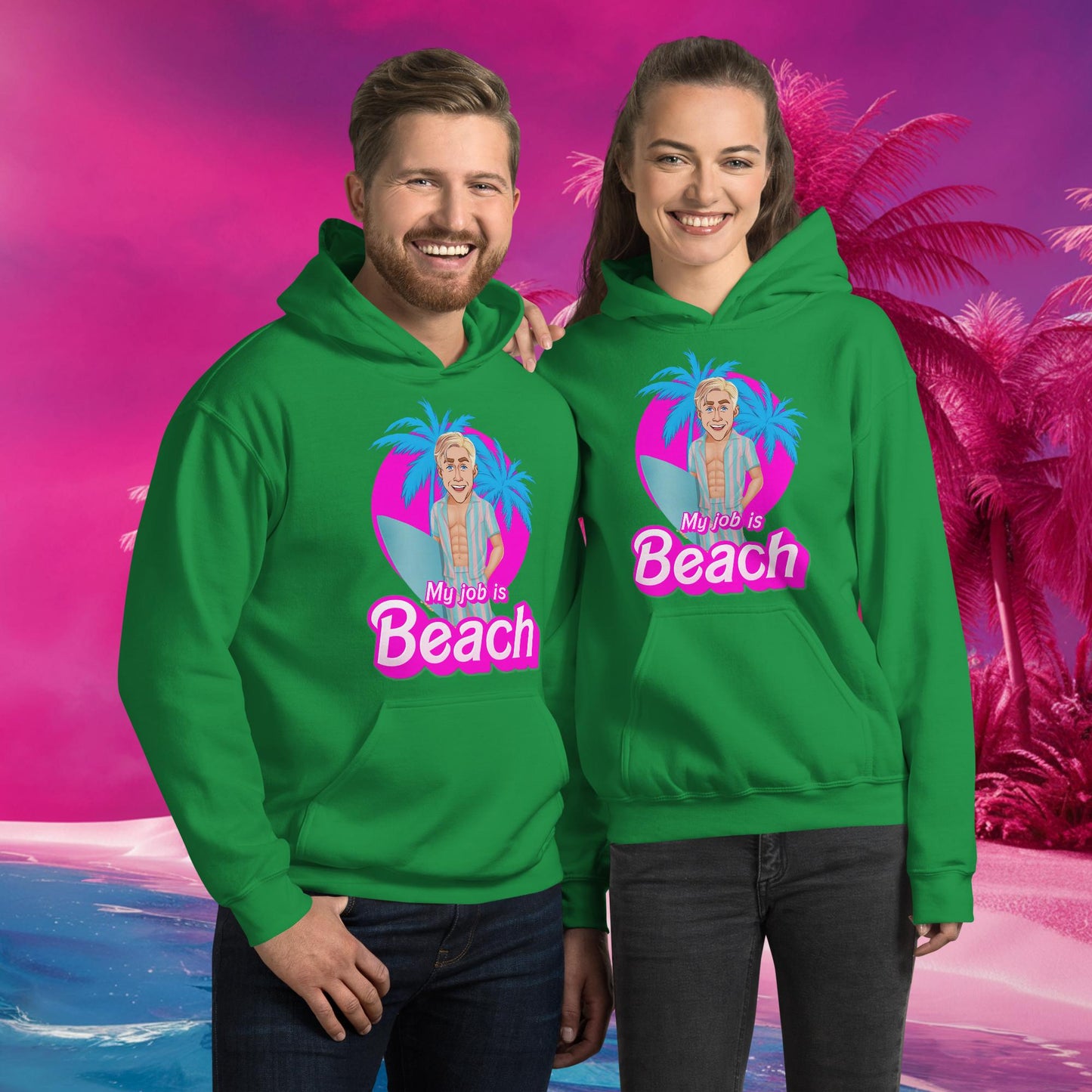 My Job is Beach Ken Barbie Movie Ryan Gosling Unisex Hoodie Irish Green Hoodies Barbie Celebrities Ken Movies Ryan Gosling Next Cult Brand