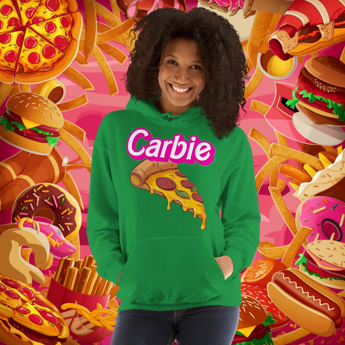 Carbie Barbie I Love Carbs I Love Pizza Unisex Hoodie Irish Green Hoodies Barbie Carbie Fast Food Ken Movies Pizza Next Cult Brand
