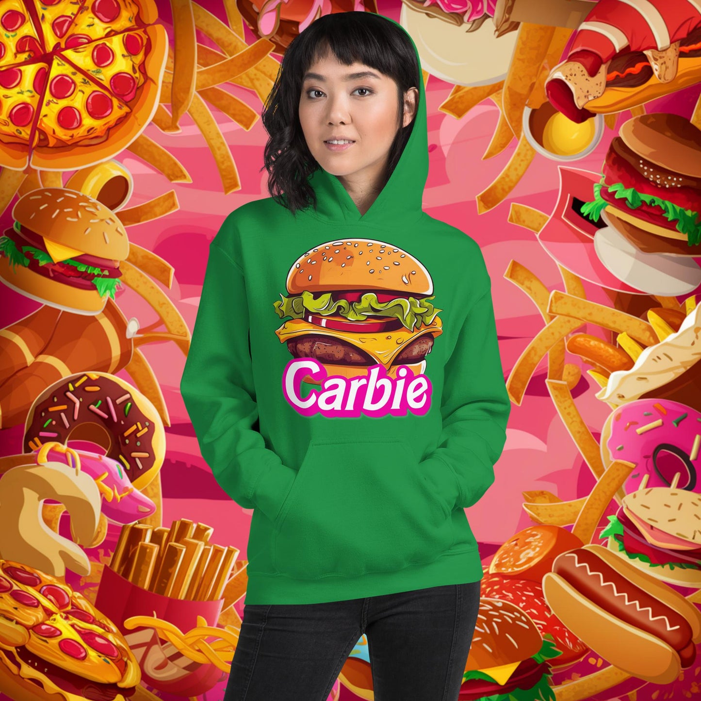 Carbie Barbie Cheeseburger Unisex Hoodie Irish Green Hoodies Barbie Burgers Carbie Fast Food Movies Next Cult Brand