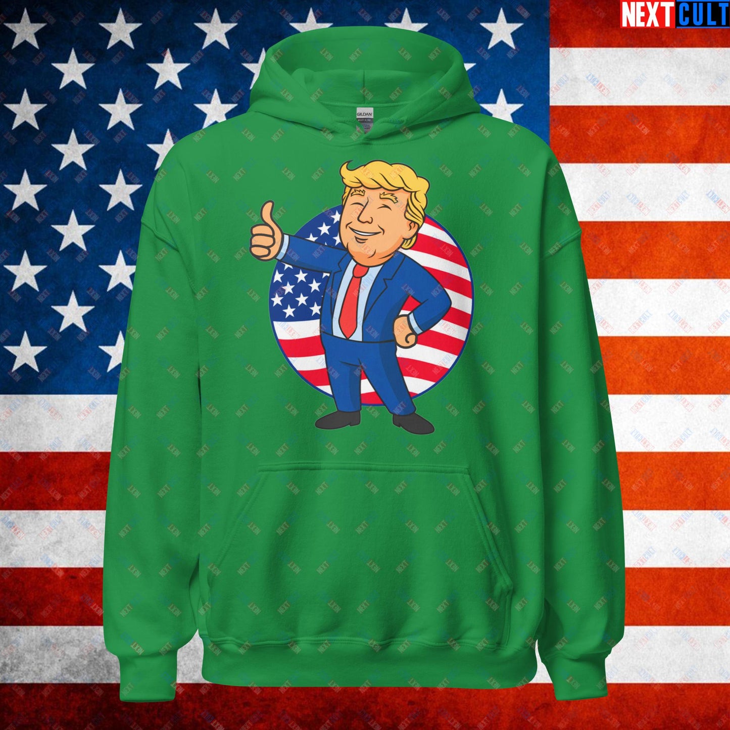President Boy Donald Trump Politics Vault Boy Fallout Funny Meme Cartoon Mashup Unisex Hoodie Irish Green Hoodies Donald Trump Fallout Politics Republicans Vault Boy Next Cult Brand
