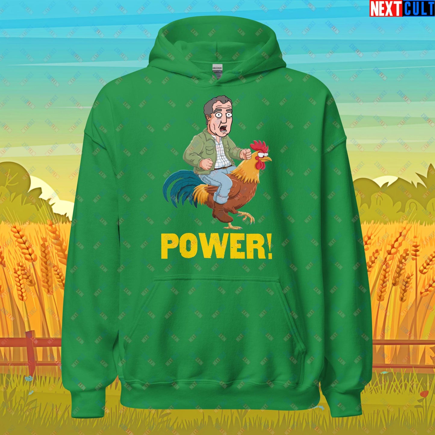 Power Rooster Chicken Farming Jeremy Clarkson's Farm Diddly Squat Grand Tour Top Gear Funny Meme Cartoon Unisex Hoodie Irish Green Hoodies Clarkson's Farm Grand Tour Jeremy Clarkson Top Gear TV Shows Next Cult Brand