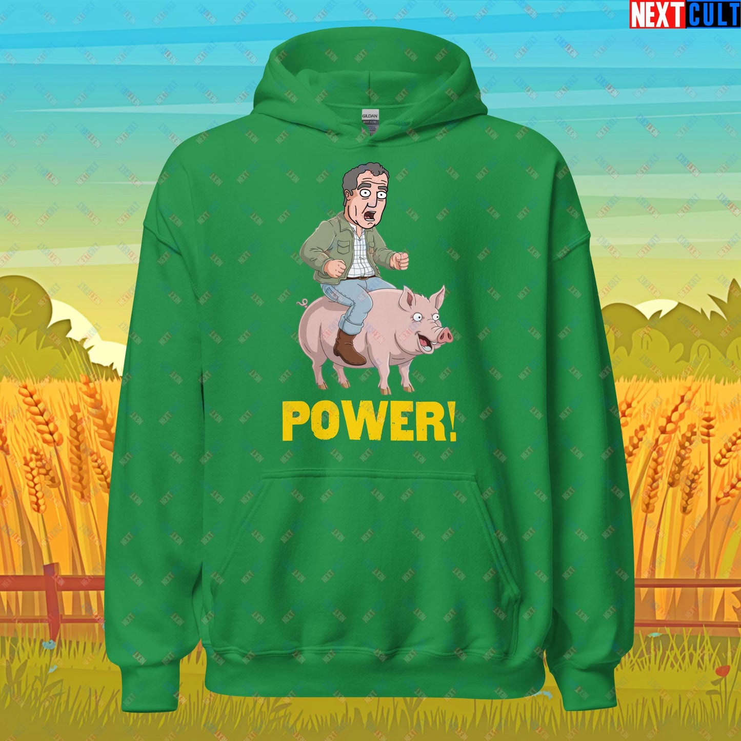 Power Pig Farming Jeremy Clarkson's Farm Diddly Squat Grand Tour Top Gear Funny Meme Cartoon Unisex Hoodie Irish Green Hoodies Clarkson's Farm Grand Tour Jeremy Clarkson Top Gear TV Shows Next Cult Brand