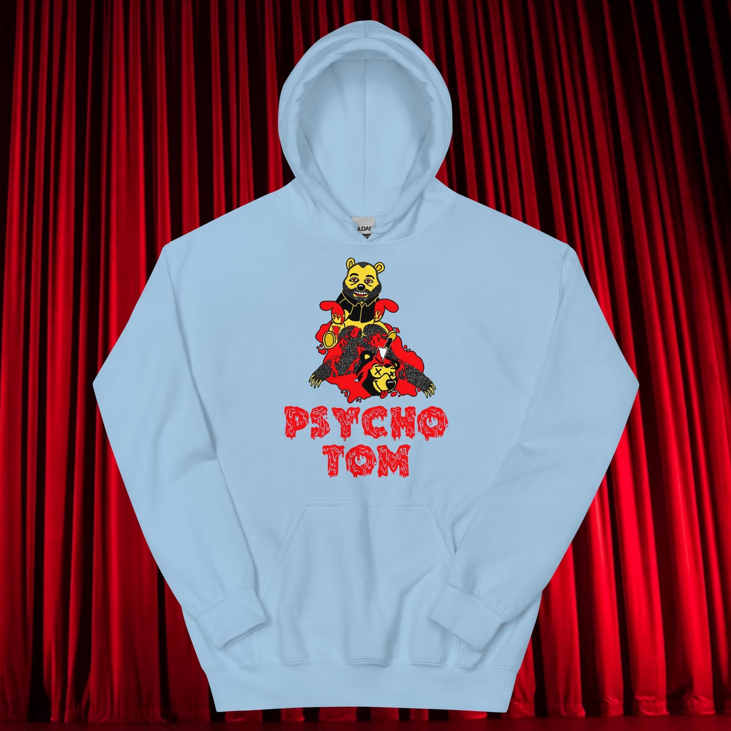 Psycho Tom Segura Hoodie, Tom Segura Hoodie, Your Moms House Hoodie, YMH Hoodie, YMH Merch Your Moms House merch, 2 Bears 1 Cave Hoodie, 2B1C Hoodie Light Blue Hoodies 2 Bears 1 Cave Podcasts Stand-up Comedy Tom Segura YMH Next Cult Brand