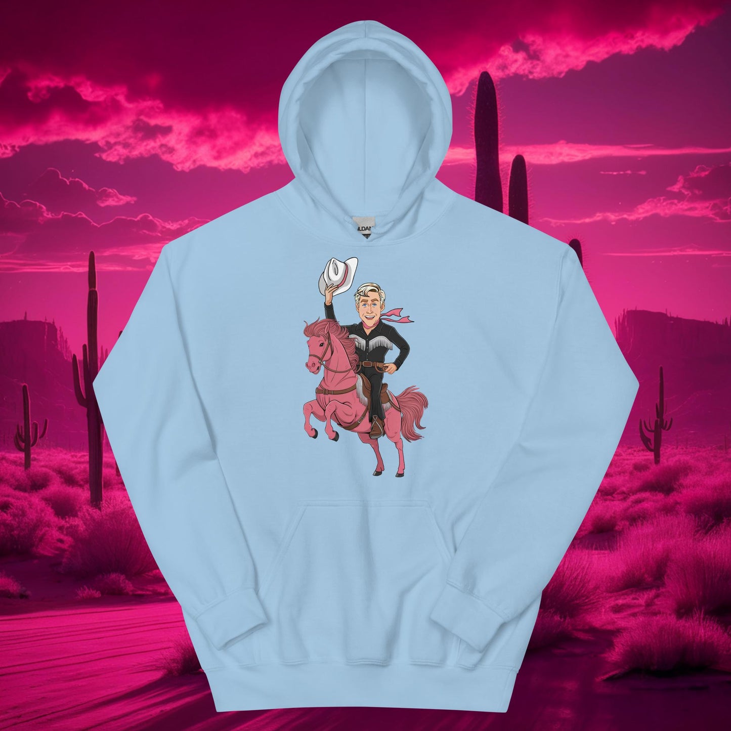 Ryan Gosling Ken Cowboy Horse Barbie Movie Patriarchy Unisex Hoodie Light Blue Hoodies Barbie Celebrities Ken Movies Ryan Gosling Next Cult Brand